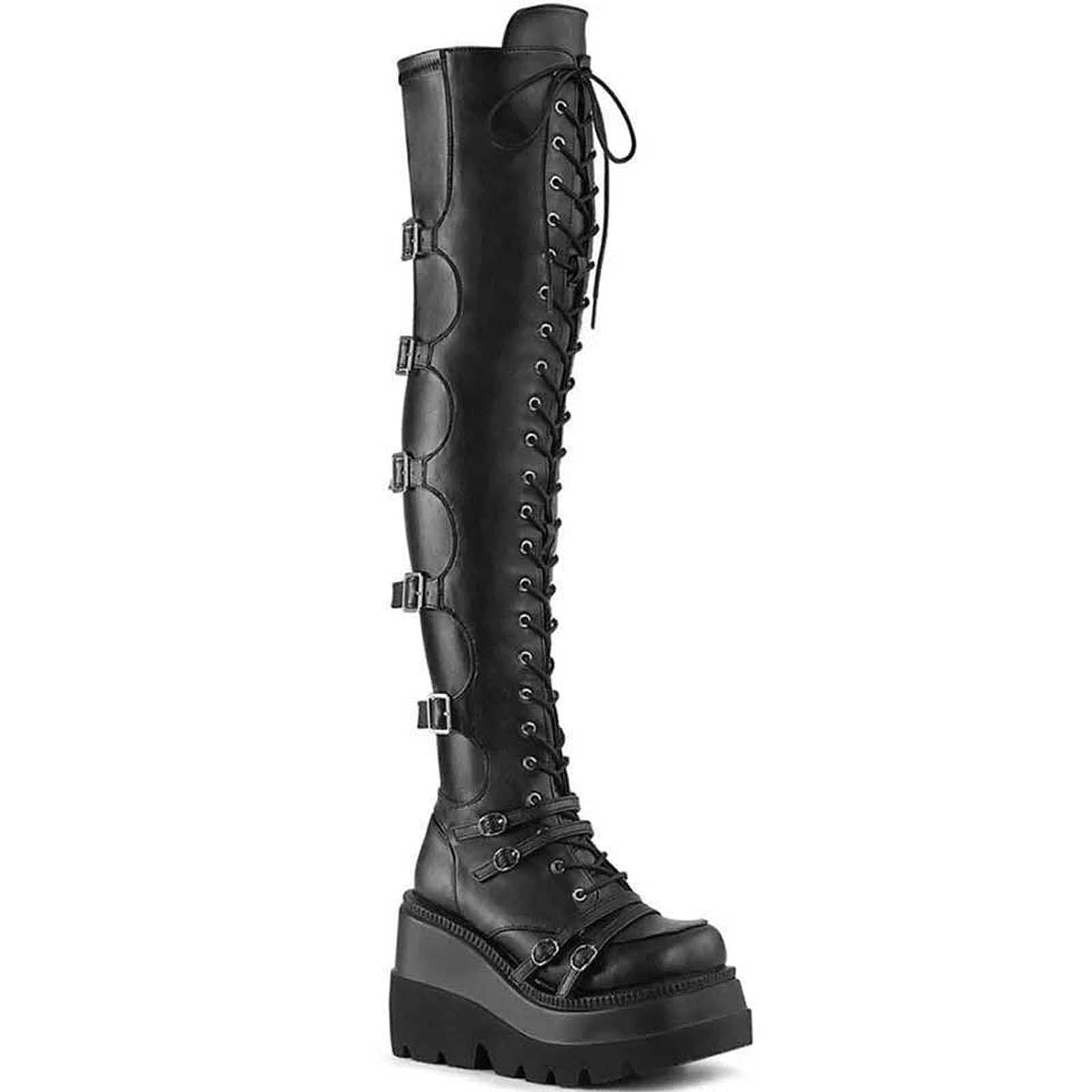 Women's Thigh High Leather Boots - Platform Heel Black Boots for Plus Size - Stylish Winter Fashion for Outfits & Parties
