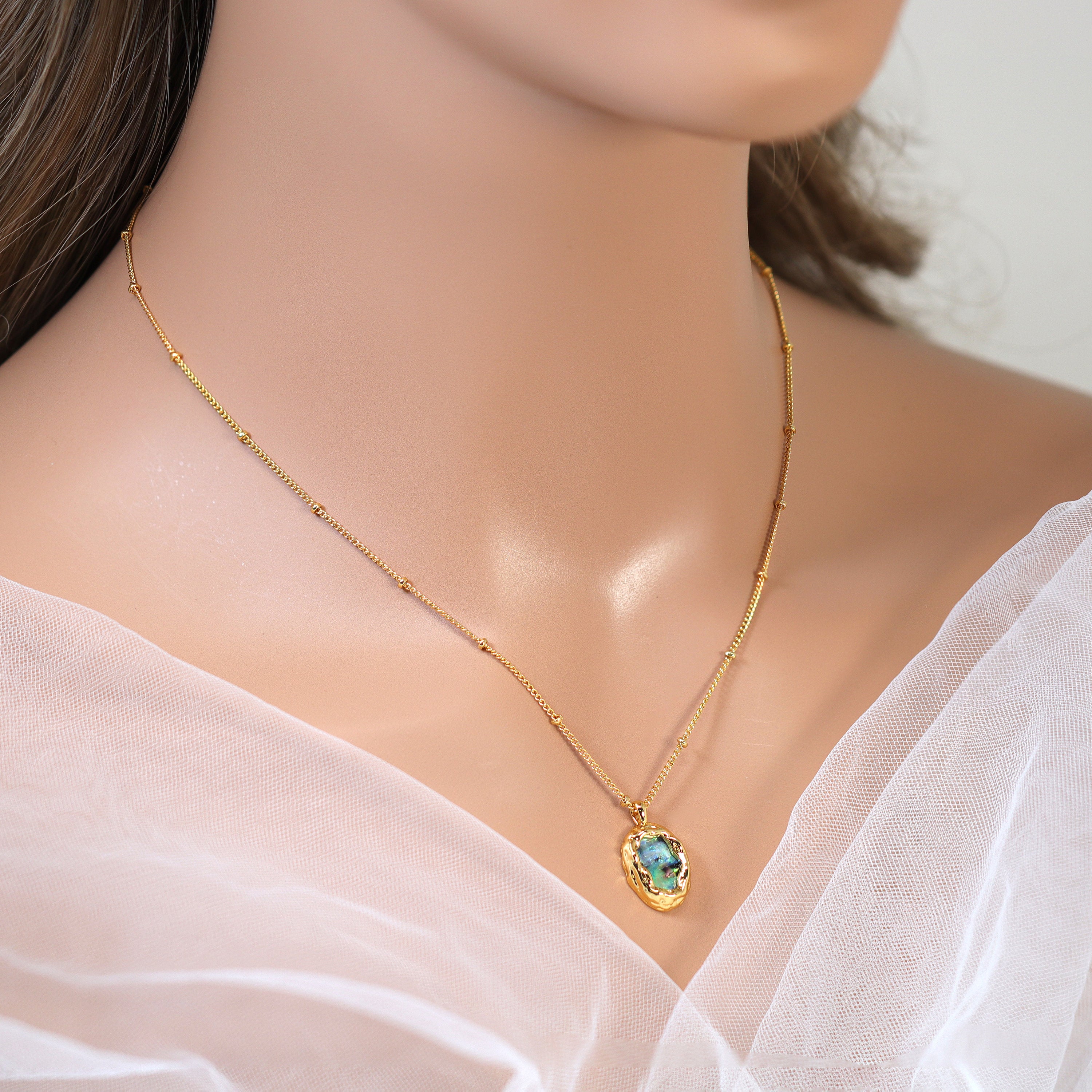 18K Gold Plated Abalone Shell Necklace - Dainty Minimalist Gold Chain Jewelry for Women - Perfect for Everyday Wear, Beach Vacations & Boho Style Outfits
