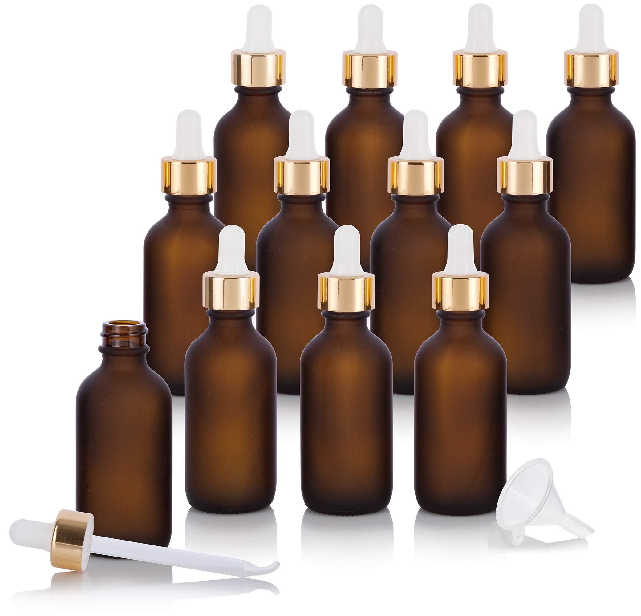 JUVITUS 2 oz Frosted Amber Glass Boston Round Bottle with Gold Metal & Glass Dropper - 12 Pack with Funnel - Perfect for Essential Oils, DIY Skincare & Herbal Tinctures
