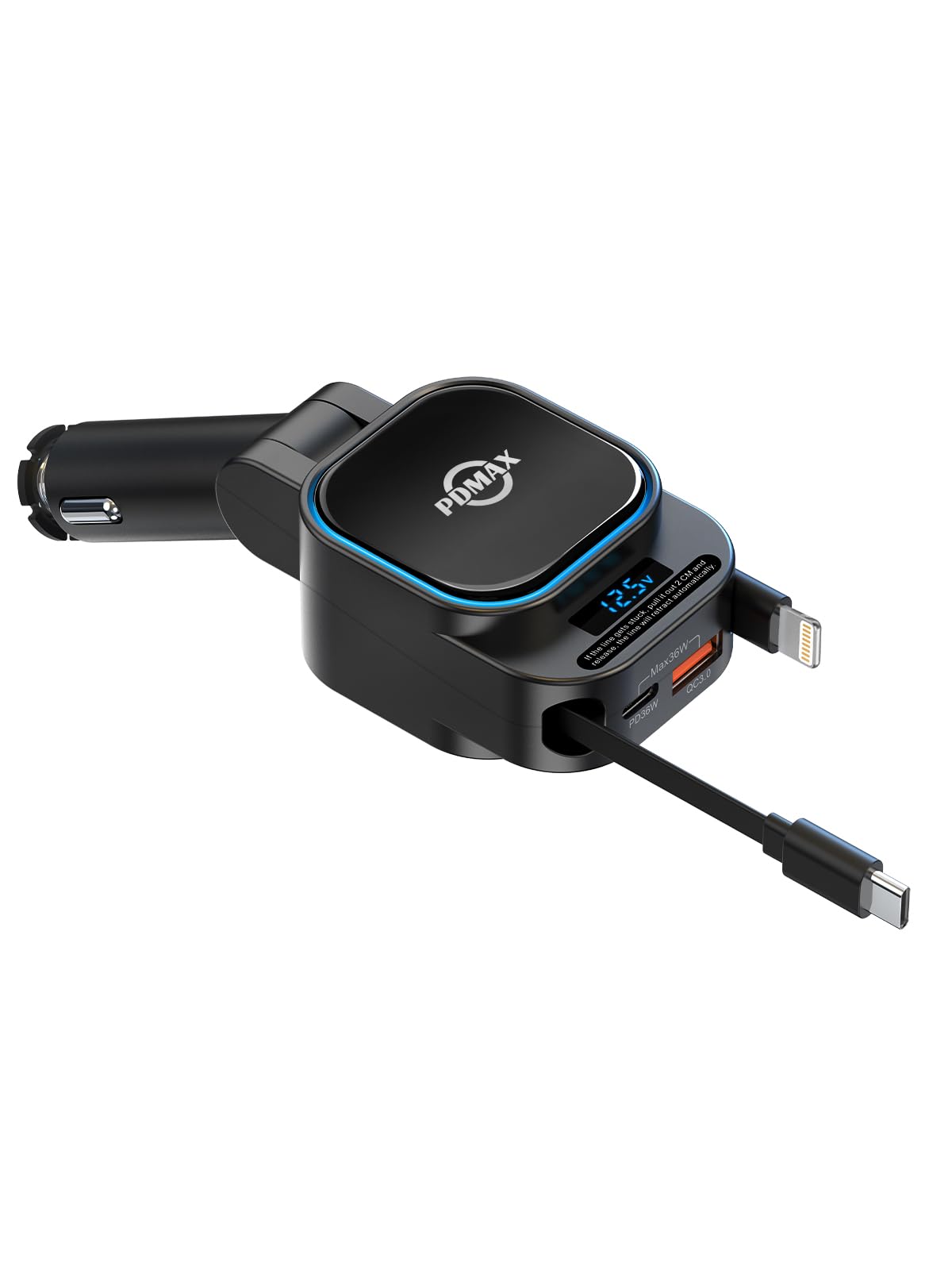 PDMAX 96W 4-in-1 Retractable Car Charger with Fast Charging - Dual USB-C & Lightning Cables + 2 USB Ports | Compatible with iPhone 16/15/14, Samsung Galaxy S24/S23/S22, Google Pixel | Perfect for Road Trips, Commuting & Multi-Device Charging