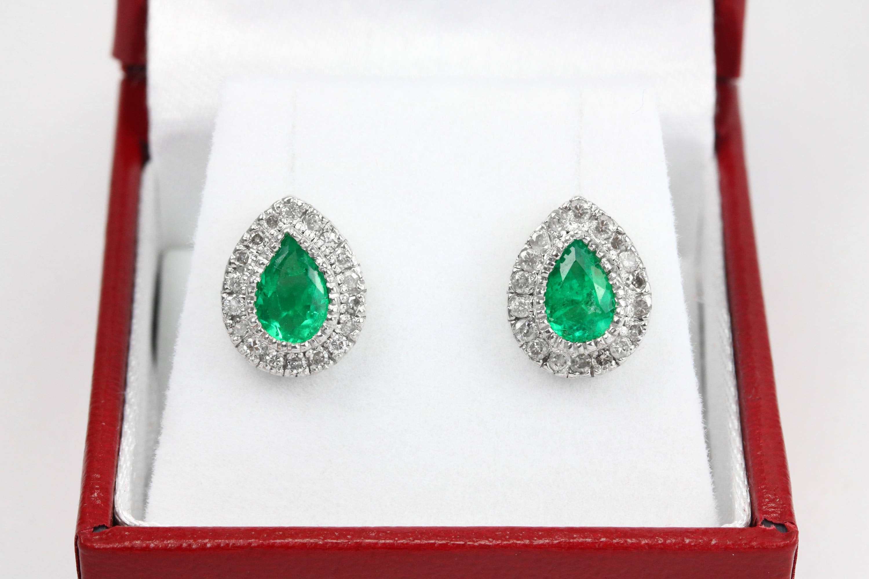 2.50tcw Pear Emerald & Diamond Halo 14K White Gold Stud Earrings - Perfect for Weddings, Parties & Special Occasions