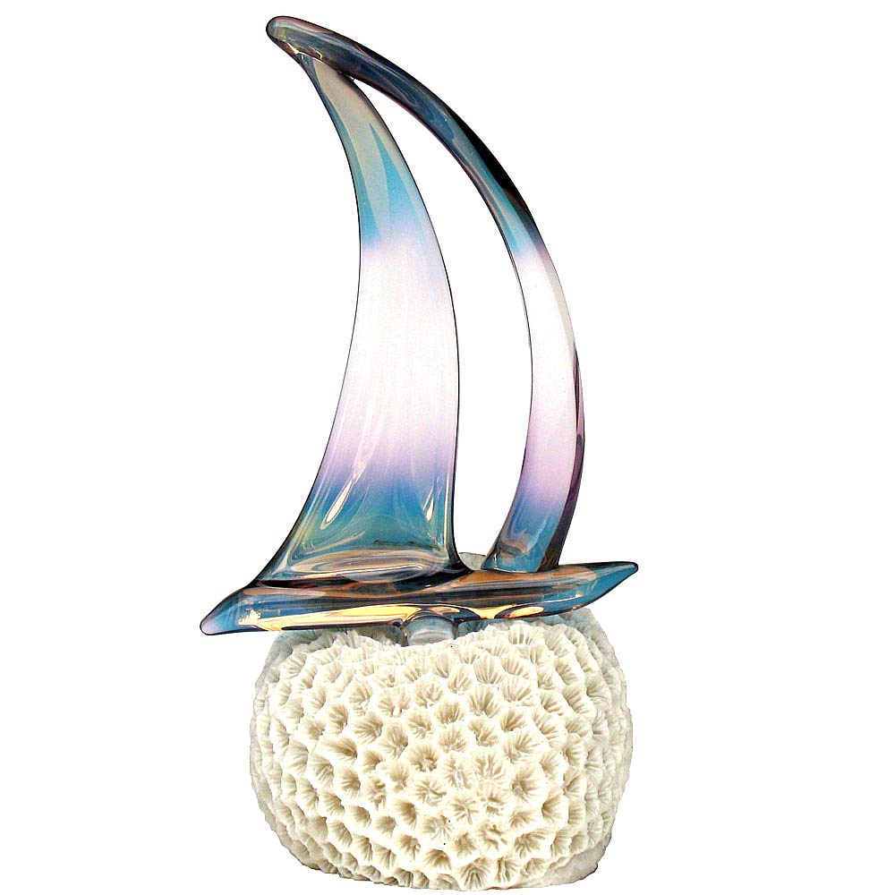 Hand Blown Glass Sailboat Figurine on Coral Base - Elegant Nautical Decor for Home, Office & Gifts | Perfect for Beach House, Coastal Theme & Collector's Display