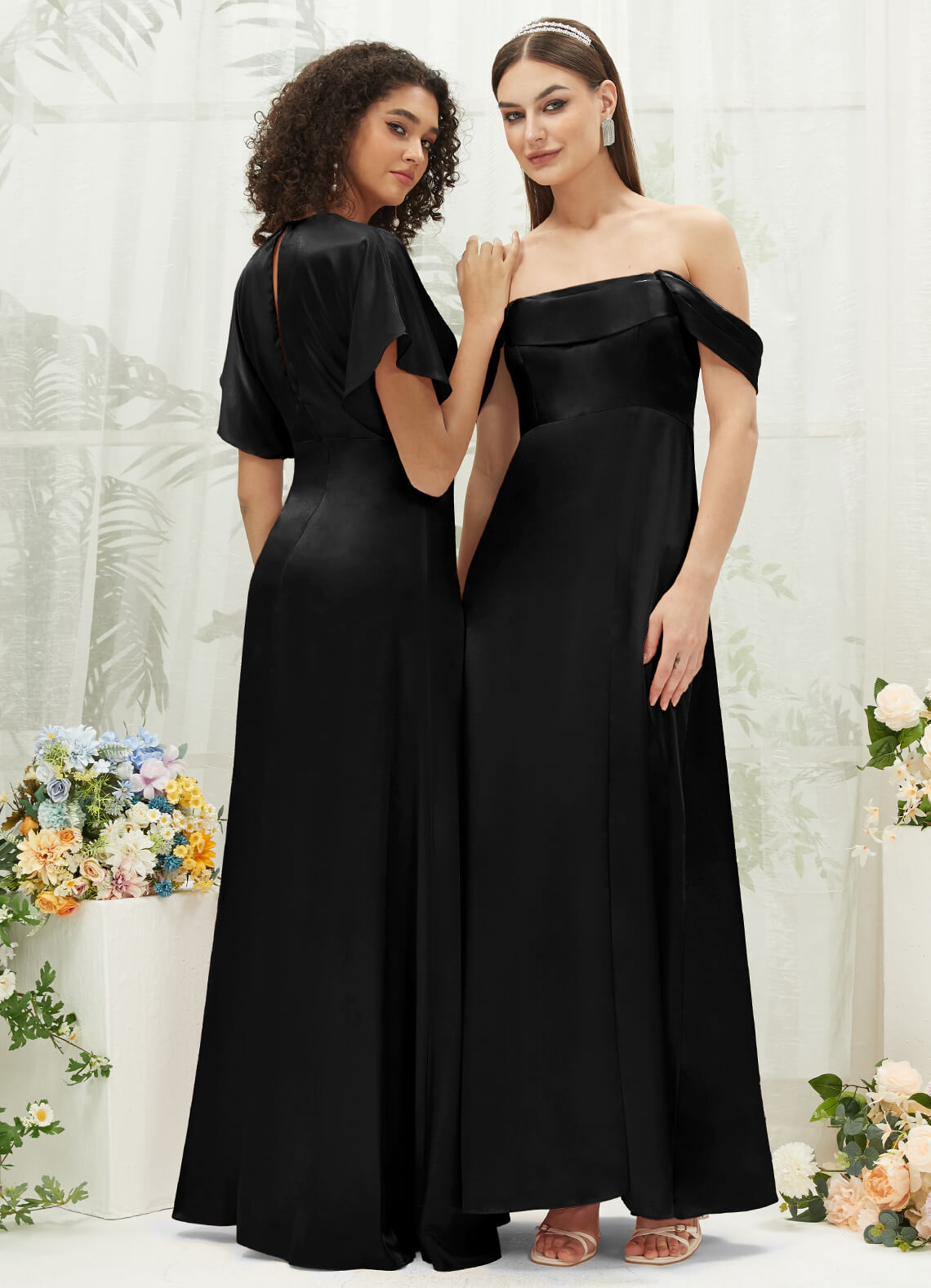 Elegant Black V-Neck Short Sleeve Satin Maxi Bridesmaid Dress with High Slit - Perfect for Weddings, Formal Events & Evening Parties