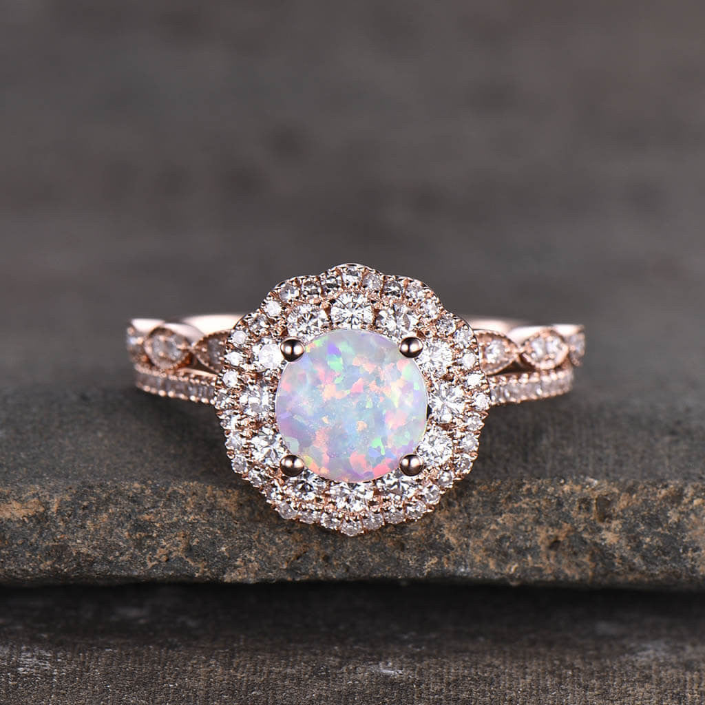 Opal Engagement Ring Set for Women - 14K Rose Gold Vintage Bridal Ring with Filigree & Milgrain Details | Perfect for Proposals, Weddings & Anniversary Gifts