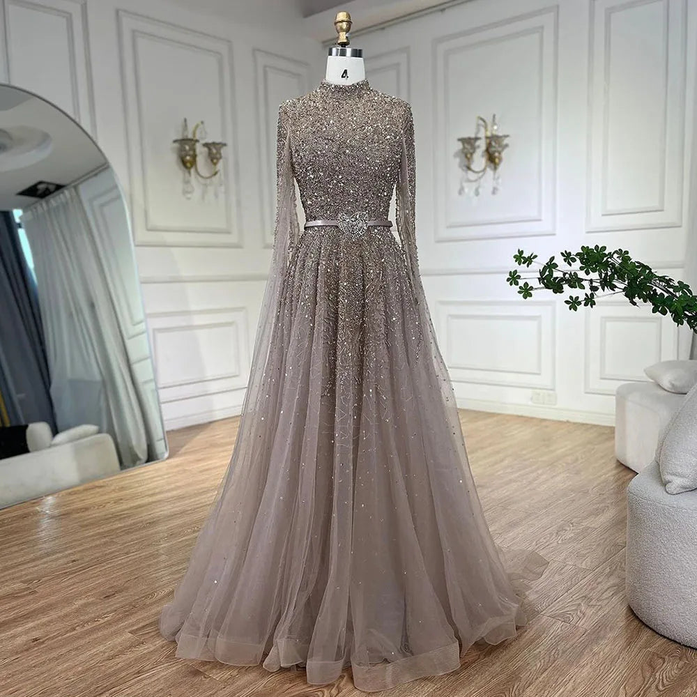 Elegant Gold A-Line Cape Sleeves High Neck Beaded Evening Gown for Women - Luxury Plus Size Formal Dress (LA70066B) | Perfect for Prom, Gala, Wedding & Black Tie Events