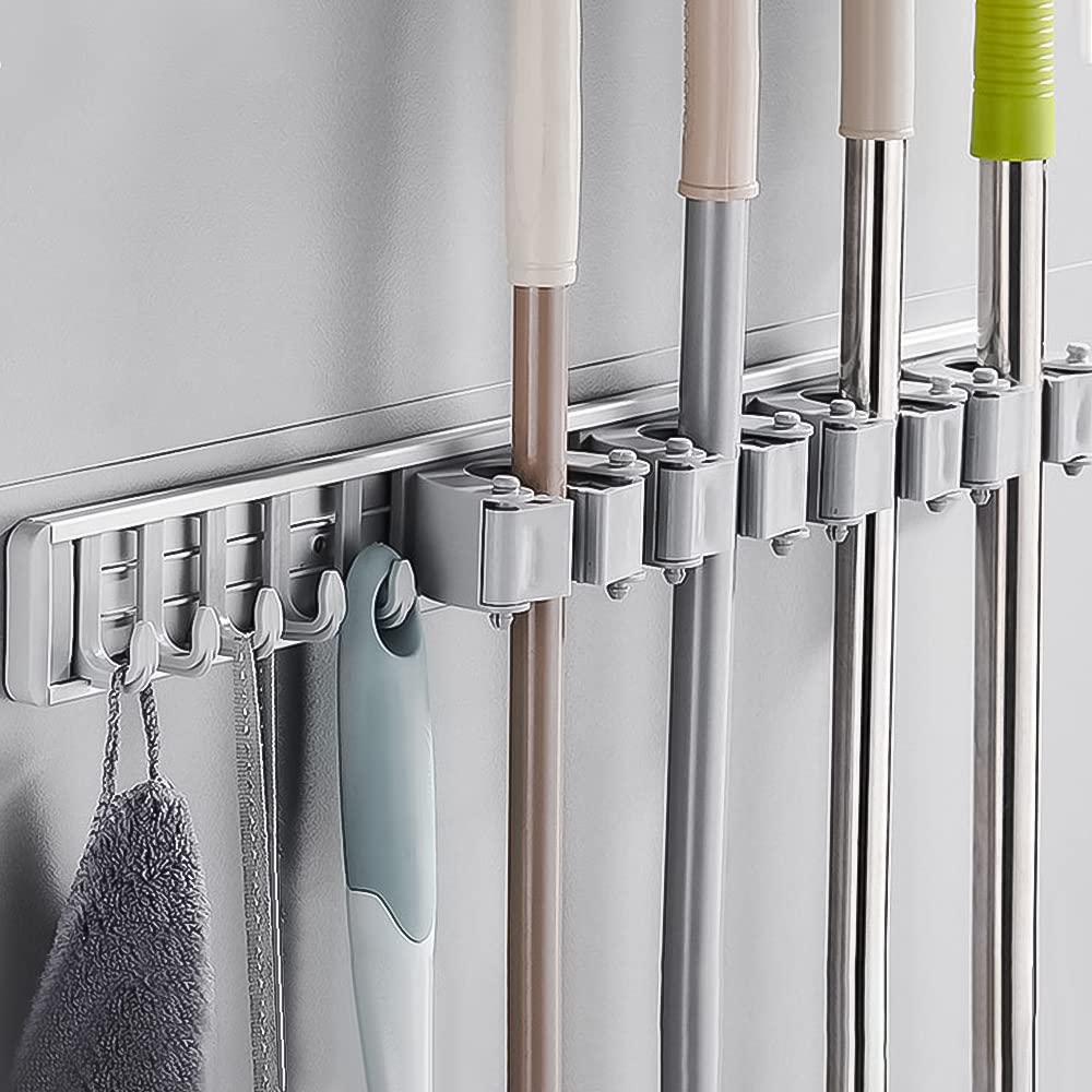 Heavy Duty Wall Mount Mop and Broom Holder - 4 Position 5 Hooks Organizer for Kitchen, Laundry, Garage | Space Saving Tool Storage for Home Cleaning Supplies, Garden Tools, and Household Items