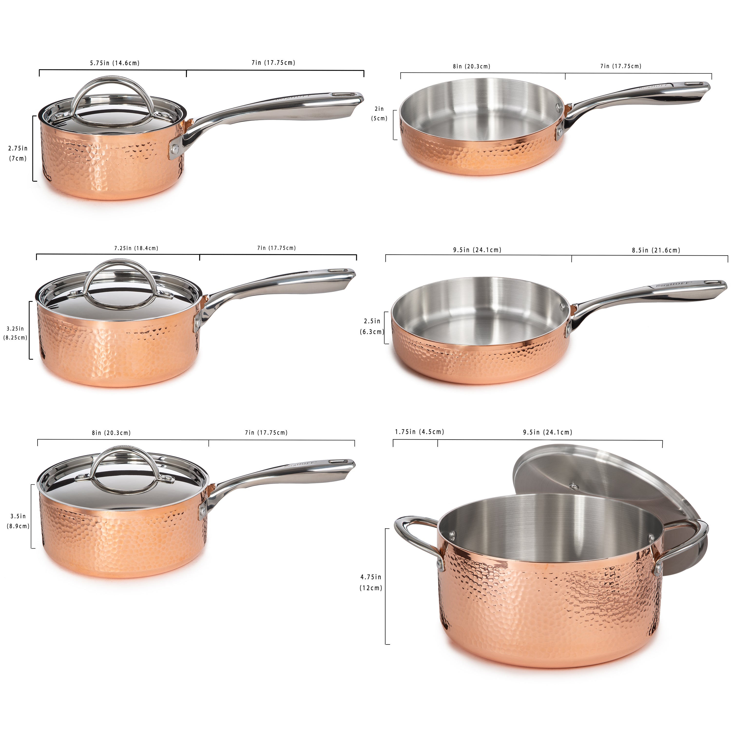 BergHOFF Vintage 10-Piece Tri-Ply Copper Cookware Set with Lids - Hammered Finish for Professional Cooking & Home Kitchen Use