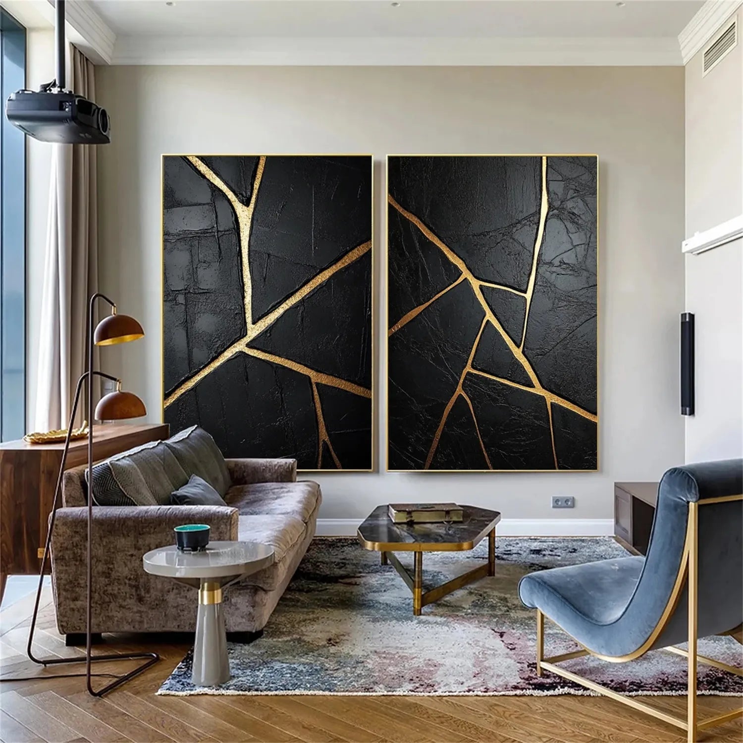 Black Gold Minimalist Textured Wall Art - Set of 2 Modern Abstract Paintings #MZ135 for Living Room, Bedroom & Office Decor