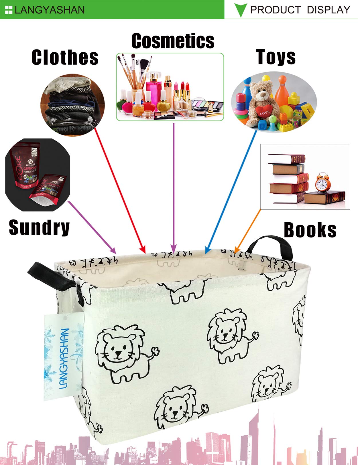 Collapsible Rectangular Storage Bin with Handles - Foldable Canvas Fabric Organizer Basket for Home, Kitchen, Toys & Office (Lion Pattern) - Perfect for Kids' Room, Closet Shelves & Toy Organization