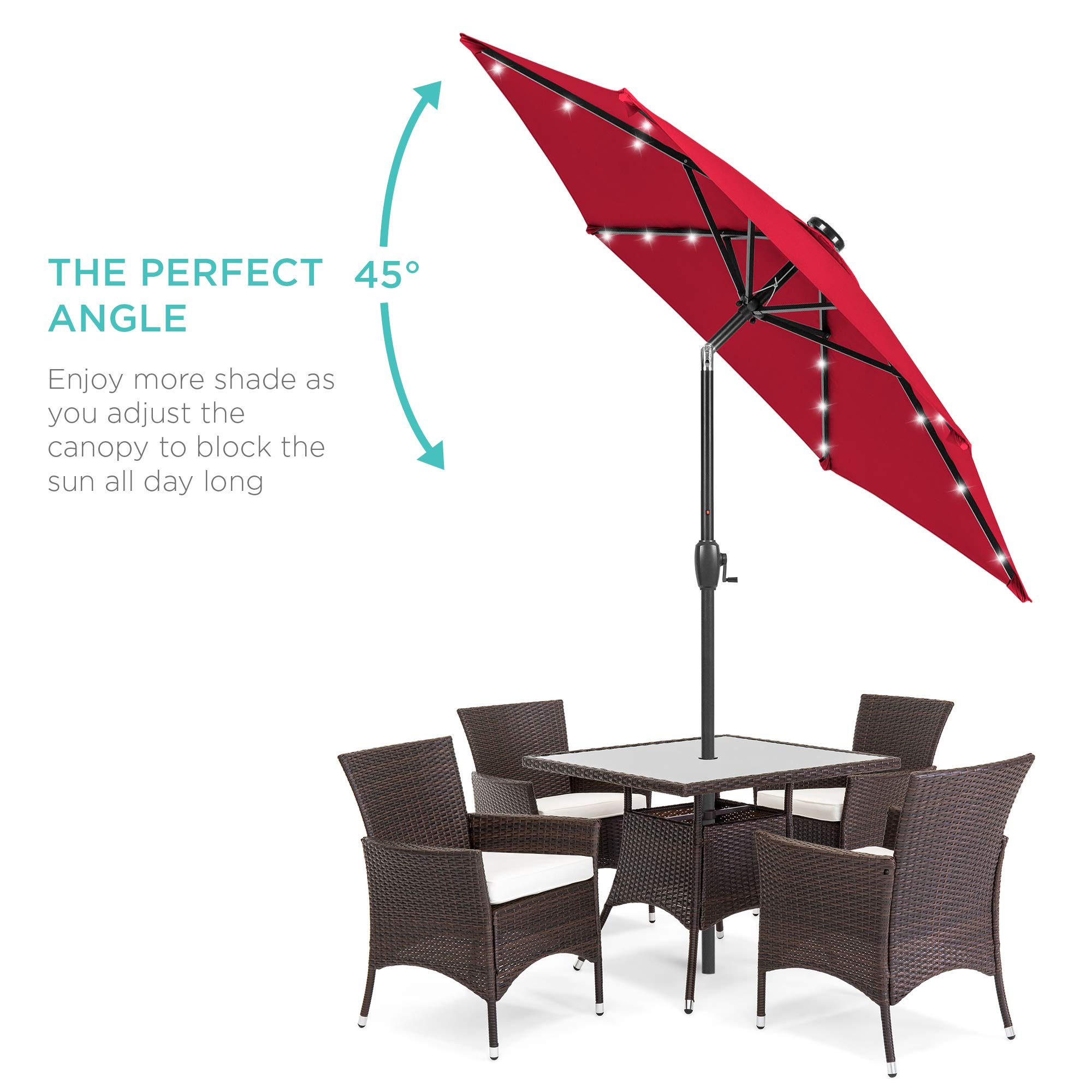 Best Choice Products 7.5ft Outdoor Solar-Powered LED Patio Umbrella with Tilt & Crank - Perfect for Deck, Poolside, Garden, and Backyard Relaxation (Red)