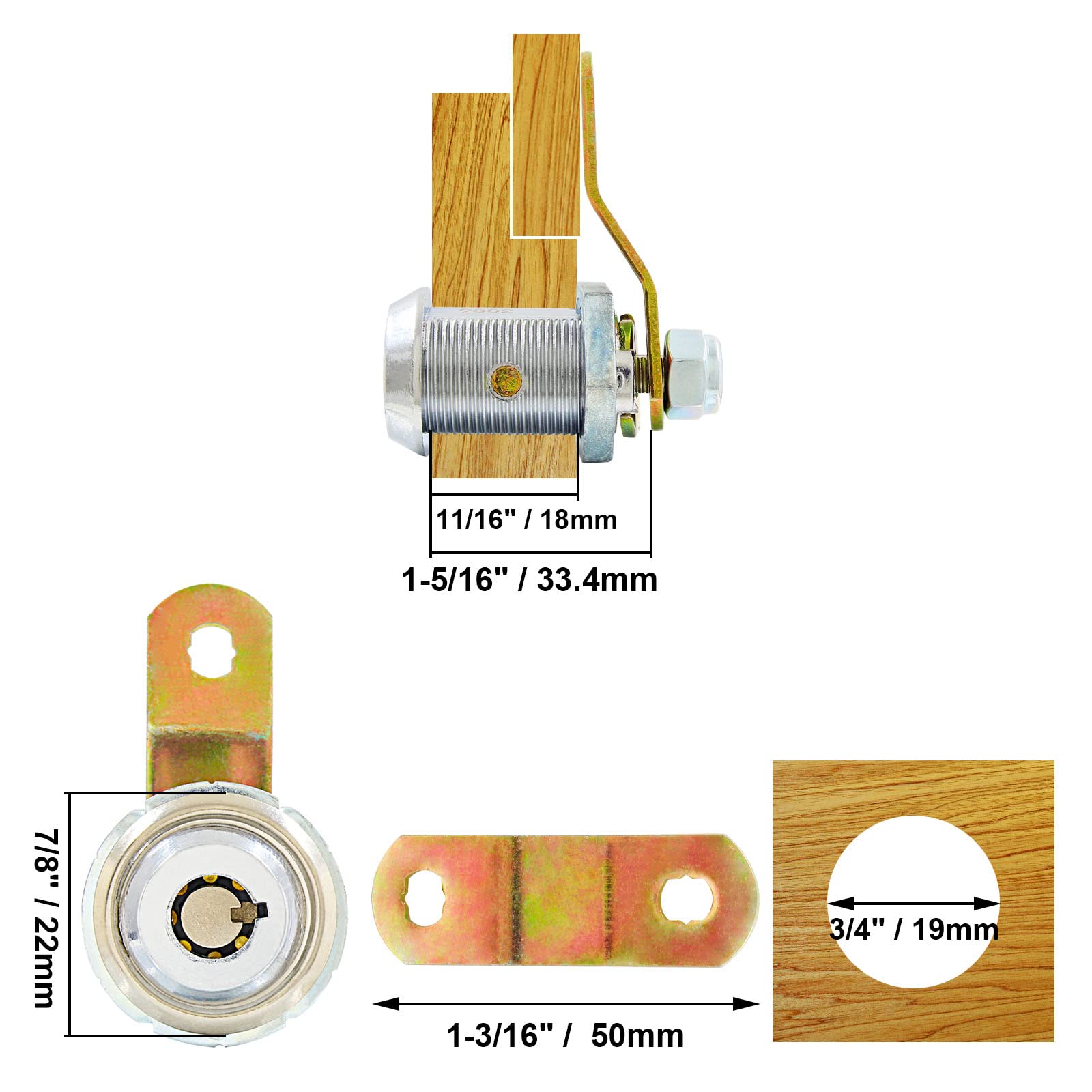 4 Pack Tubular Cam Locks 1-1/16 Inch, 90° Cylinder Cabinet Locks Keyed Alike - Secure File Cabinets, RV Camper Trailers, Drawers & Mailboxes - Ideal for Home, Office & Travel Security