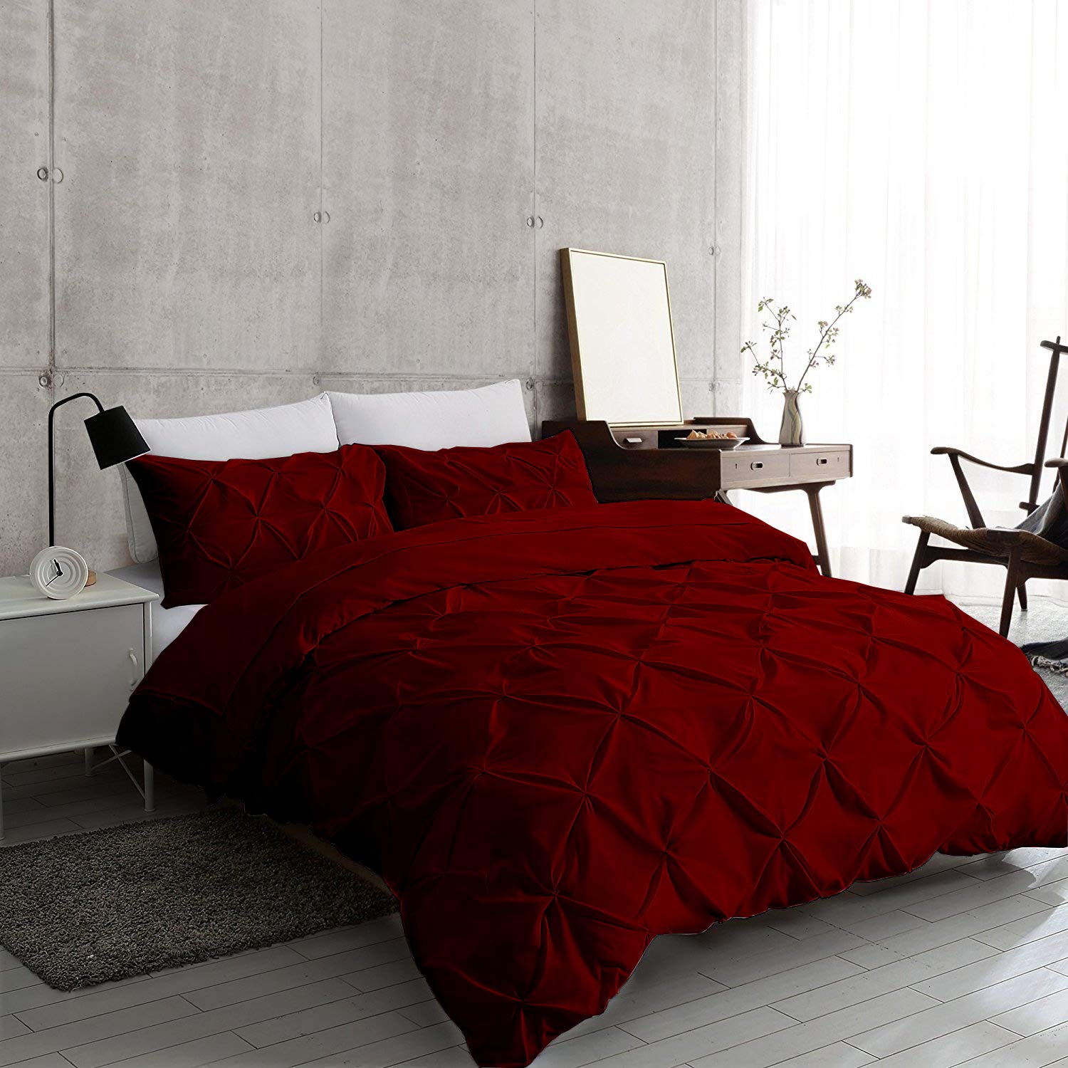 Kotton Culture 1000 Thread Count 100% Egyptian Cotton Pinch Pleated Duvet Cover with Zipper Closure & Corner Ties - Pintuck Textured Comforter Cover for Twin/TwinXL Beds - Christmas Burgundy for Holiday Bedroom Decor