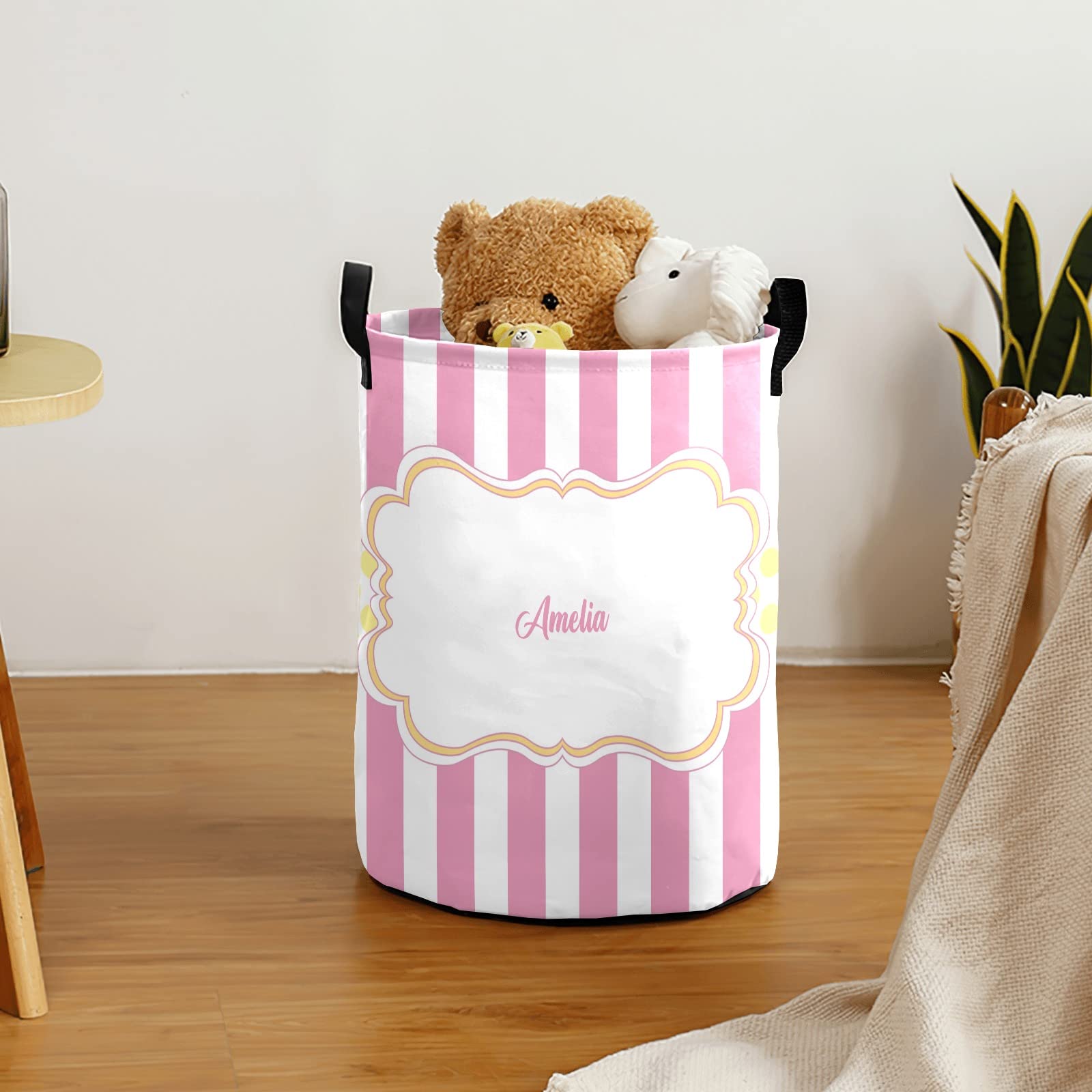 Waterproof Collapsible Striped Pink Laundry Basket with Handles - Personalized Clothes Hamper for Bathroom & Bedroom Storage (19.7
