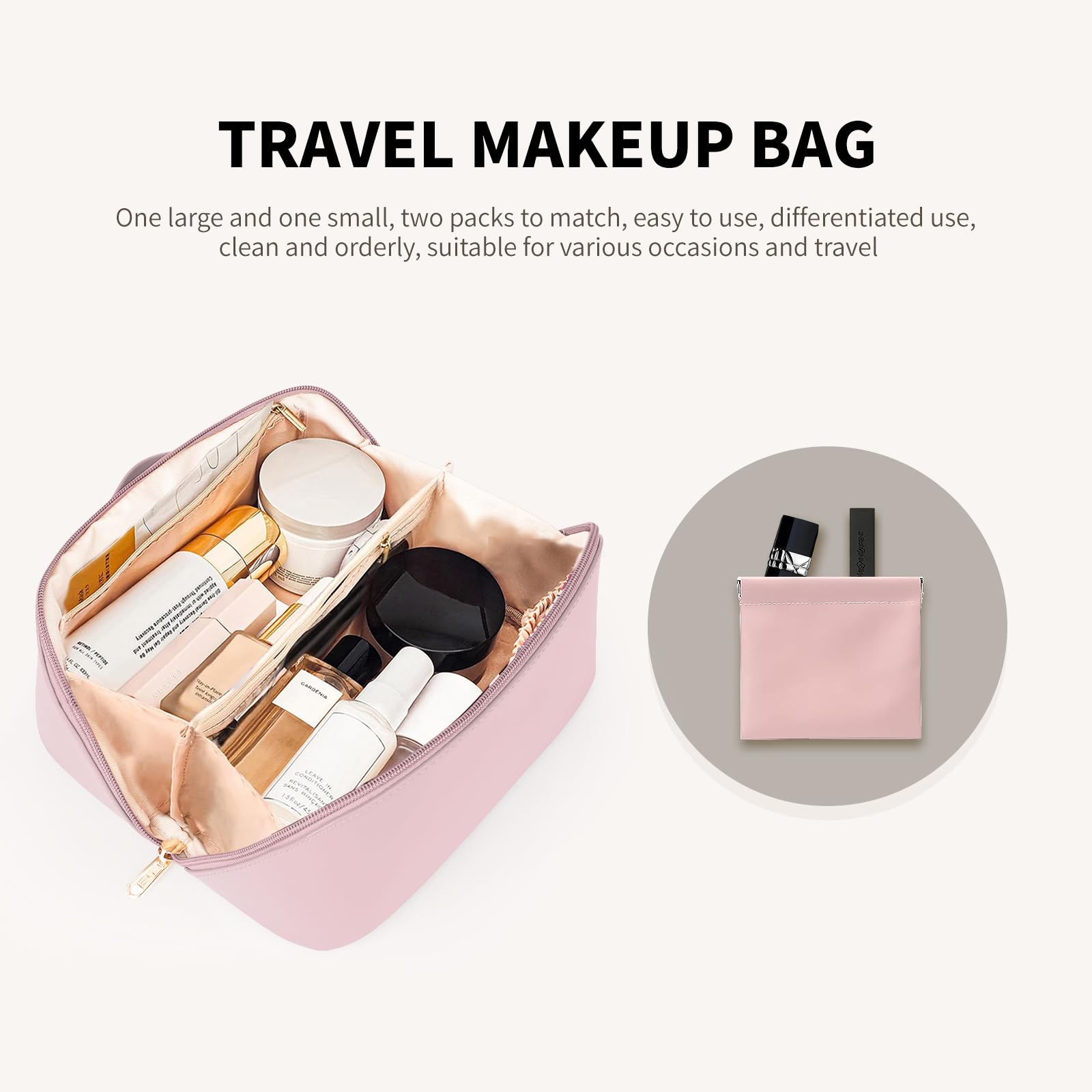 **Pink Travel Makeup Bag for Women - Large Capacity Cosmetic Organizer with Fixed Compartments & Wide Opening, Perfect for Travel, Gym, or Daily Essentials Storage**