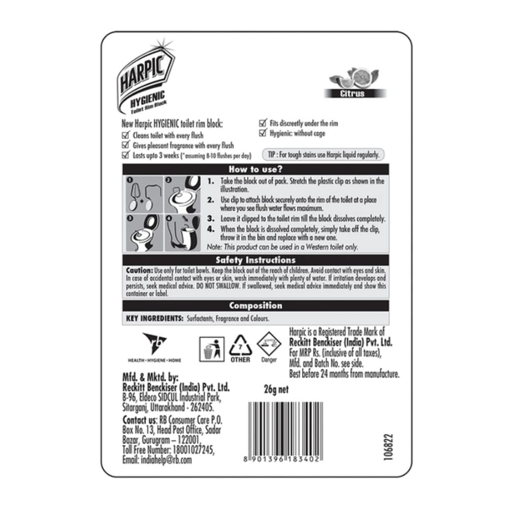 Harpic Citrus Toilet Cleaner Rim Block - 26g | Long-Lasting Flushable Toilet Bowl Cleaner for Fresh & Hygienic Bathroom - Ideal for Home, Office & Hotel Use