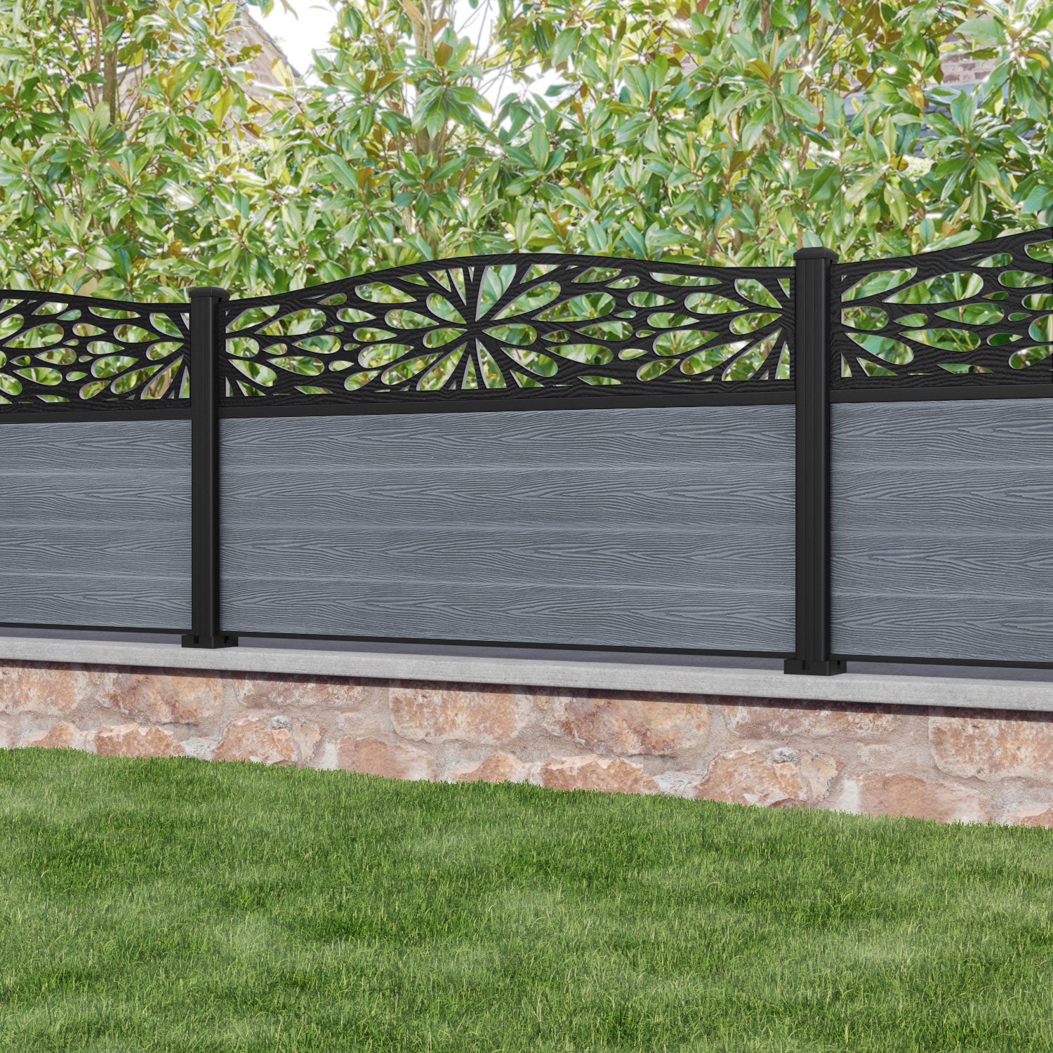 Classic Blossom Curved Top Fence Panel - Anthracite Grey Aluminum Fence with Matching Posts | Perfect for Garden, Backyard, and Patio Privacy & Decoration