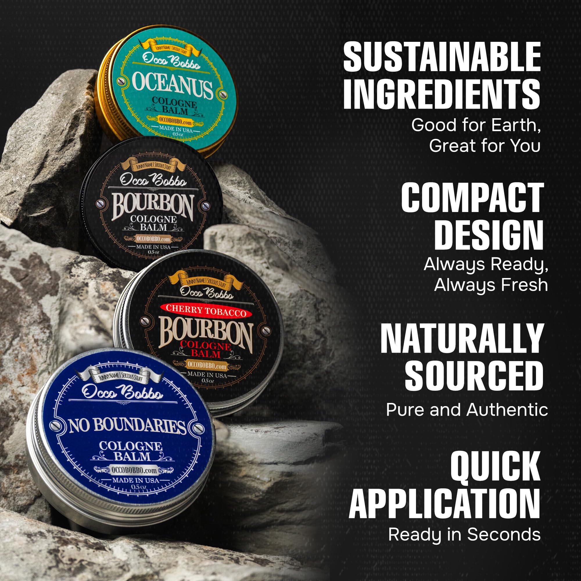 Occo Bobbo Solid Cologne for Men Samples Set - 4 Travel Size .5 oz Tins - Perfect Gift Set for Men | Great for Travel, Gym, Office & Everyday Use