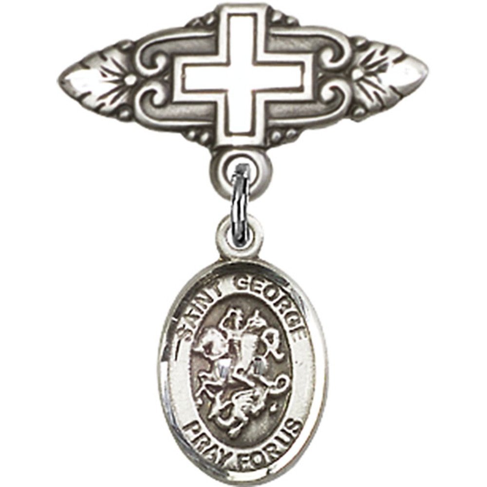 Sterling Silver Baby Badge with St. George Charm - Religious Cross Pin (1