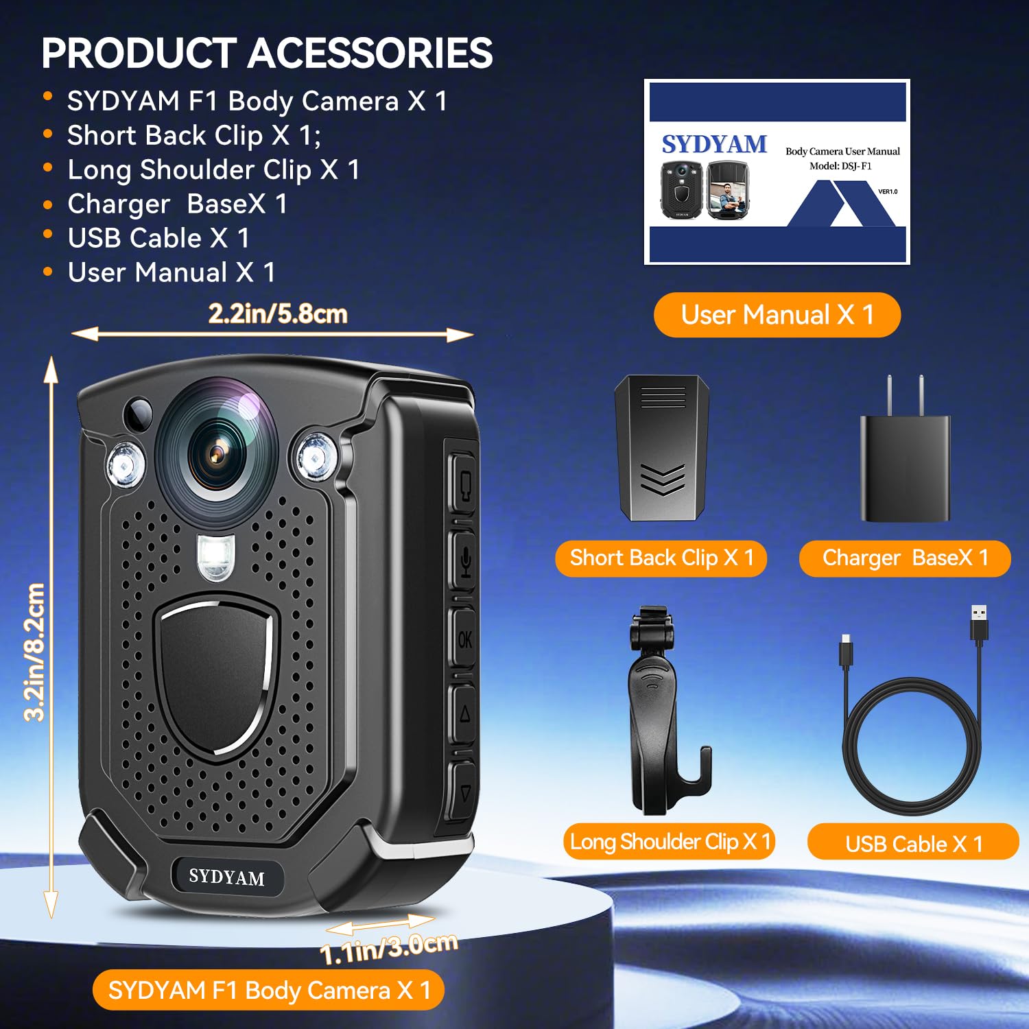 SYDAYM-F1 64GB 4K Body Camera with 10-12 Hours Recording, IP68 Waterproof Police Body Cam with Audio Video & H.265 Codec - Ideal for Security Guards, Law Enforcement, and Daily Patrols