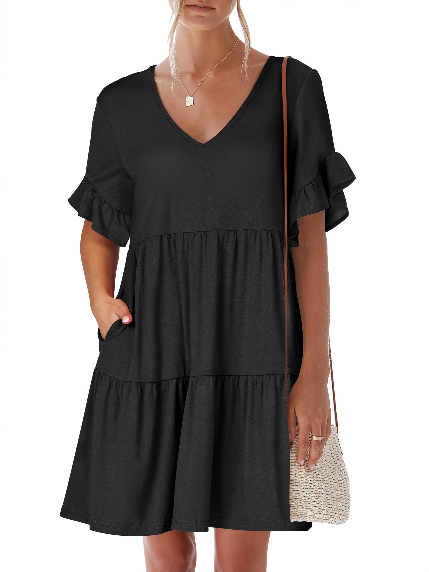 ANRABESS Women's Summer 2025 V-Neck Ruffle Sleeve A-Line Tiered Flowy Mini Dress with Pockets - Casual Beachwear, Party Outfit & Vacation Dress for Women