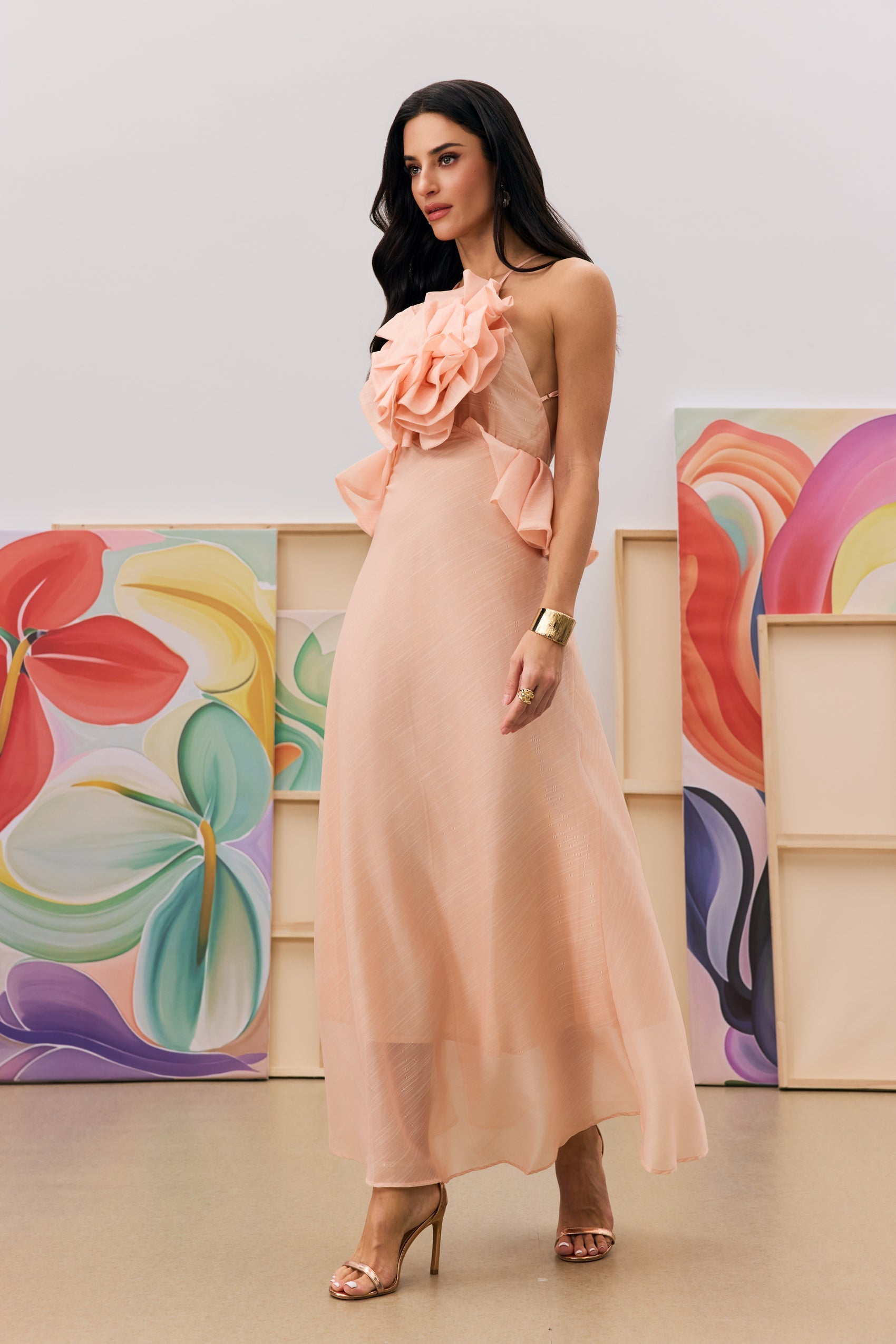 Aurora Halter Neck Ruffle Maxi Dress in Pink - Elegant Summer Beach Wedding Party Dress for Women