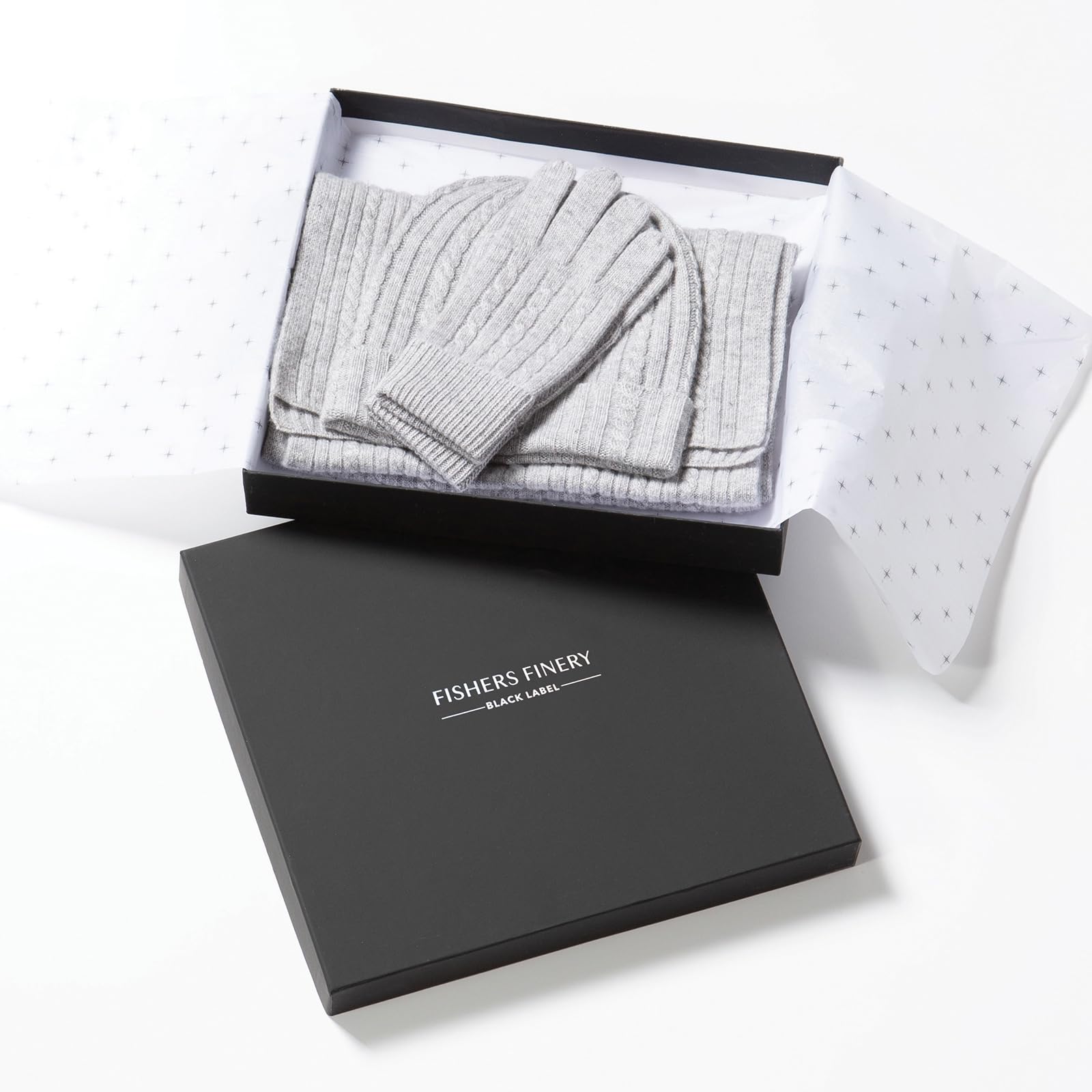Fishers Finery Women's Pure Cashmere Cable Knit Hat, Gloves & Scarf Set - Winter Accessories Gift Box for Cold Weather, Outdoor Activities & Holiday Gifting