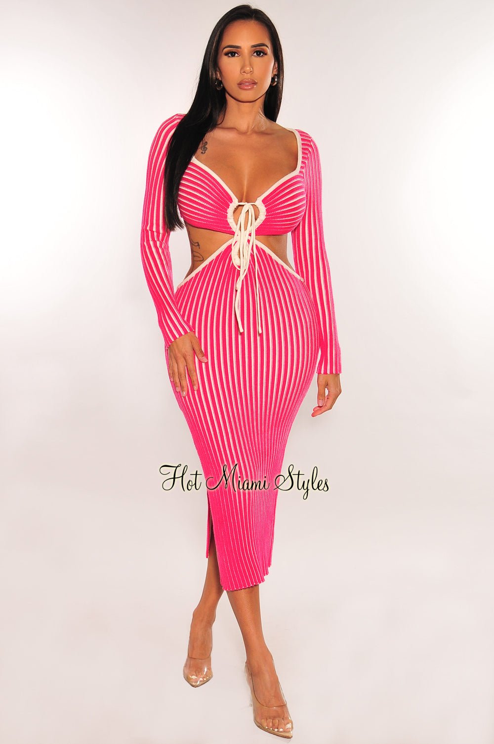 Fuchsia White Ribbed Knit Keyhole Cut Out Slit Dress - Elegant Bodycon Party Dress for Women, Perfect for Night Out, Date Night, and Special Occasions