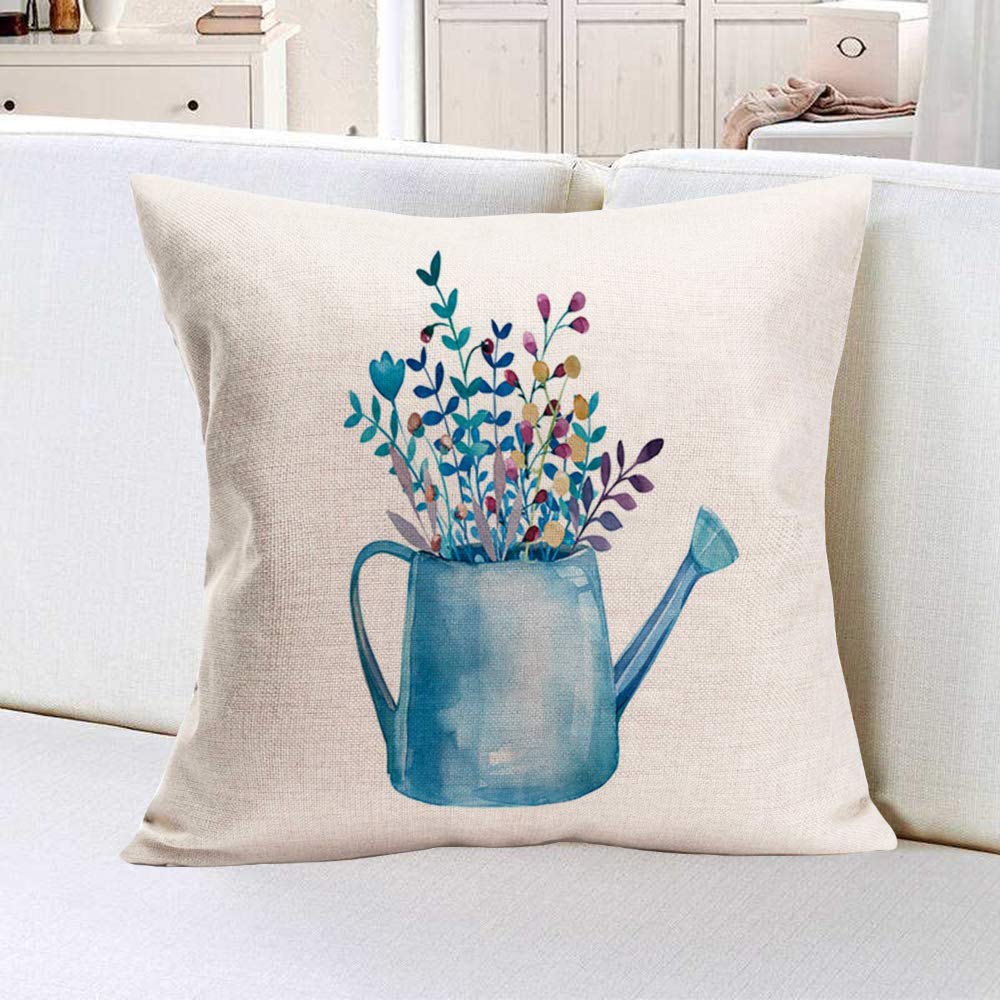 Xihomeli 18x18 Inch Cotton Linen Throw Pillow Covers - Blue Watering Can Floral Design Hand-Painted Farmhouse Decor for Living Room, Bedroom, Sofa (Blue Pot, 18x18)