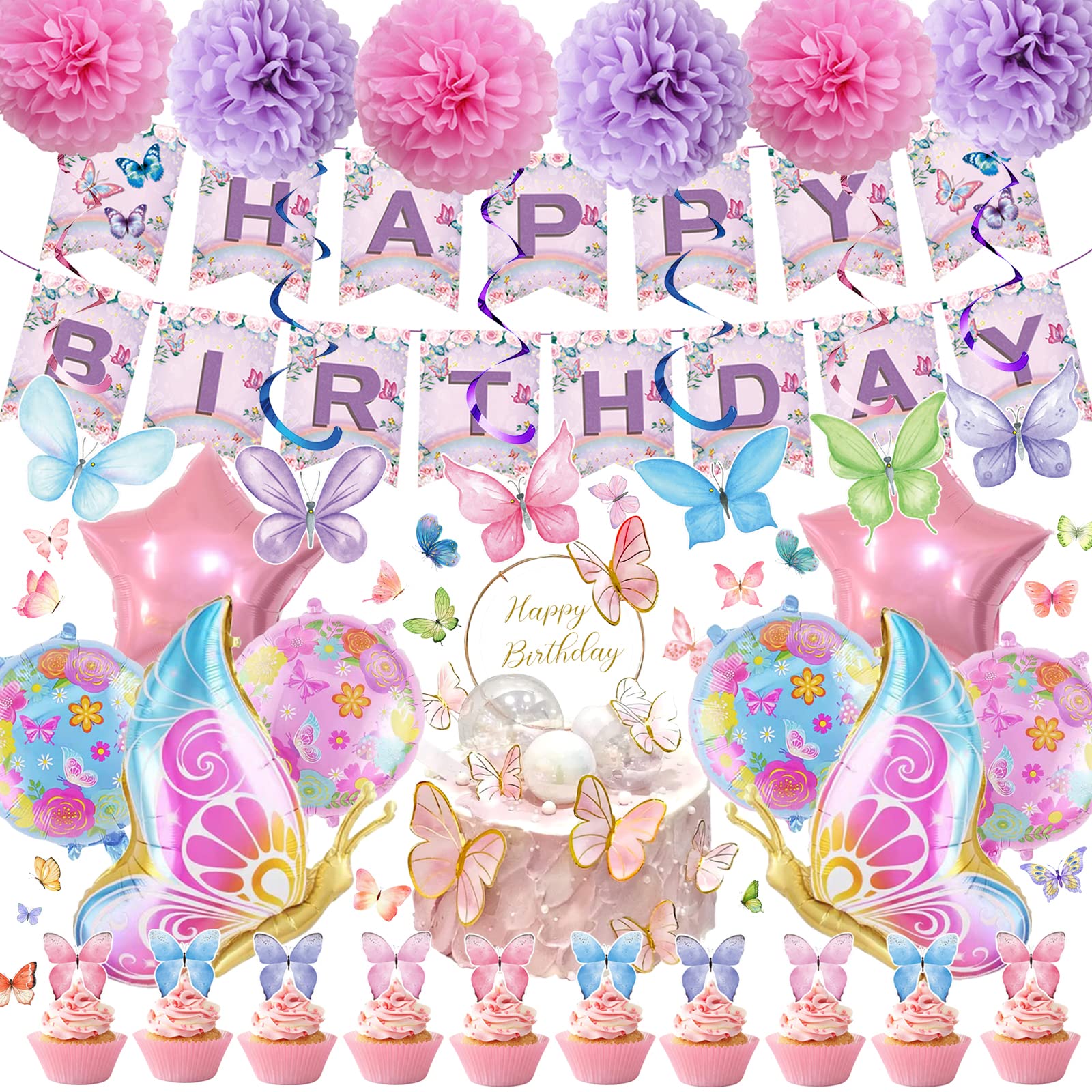 34Pcs Pink & Purple Butterfly Birthday Party Decorations Set - Hanging Swirls, Balloons, Banner, Cake Toppers, Cupcake Decor & Temporary Tattoos | Perfect for Girl's Birthday, Baby Shower, Spring Party & Garden Themed Events
