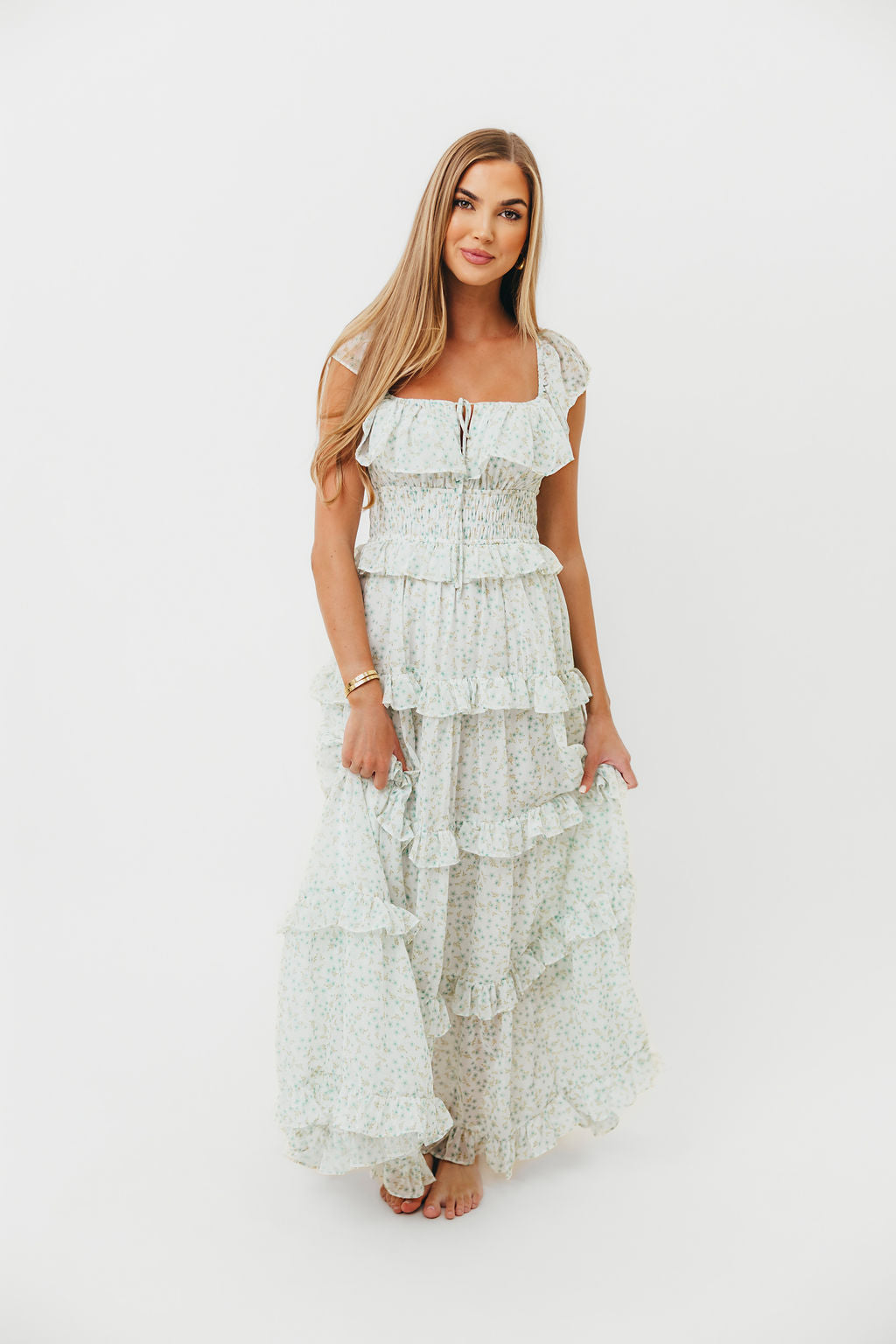 Astrid Ruffle Detail Maxi Dress in Sage Floral - Bump Friendly Maternity Dress for Pregnancy, Nursing & Special Occasions | Flowy Summer Dress for Beach, Wedding & Vacation