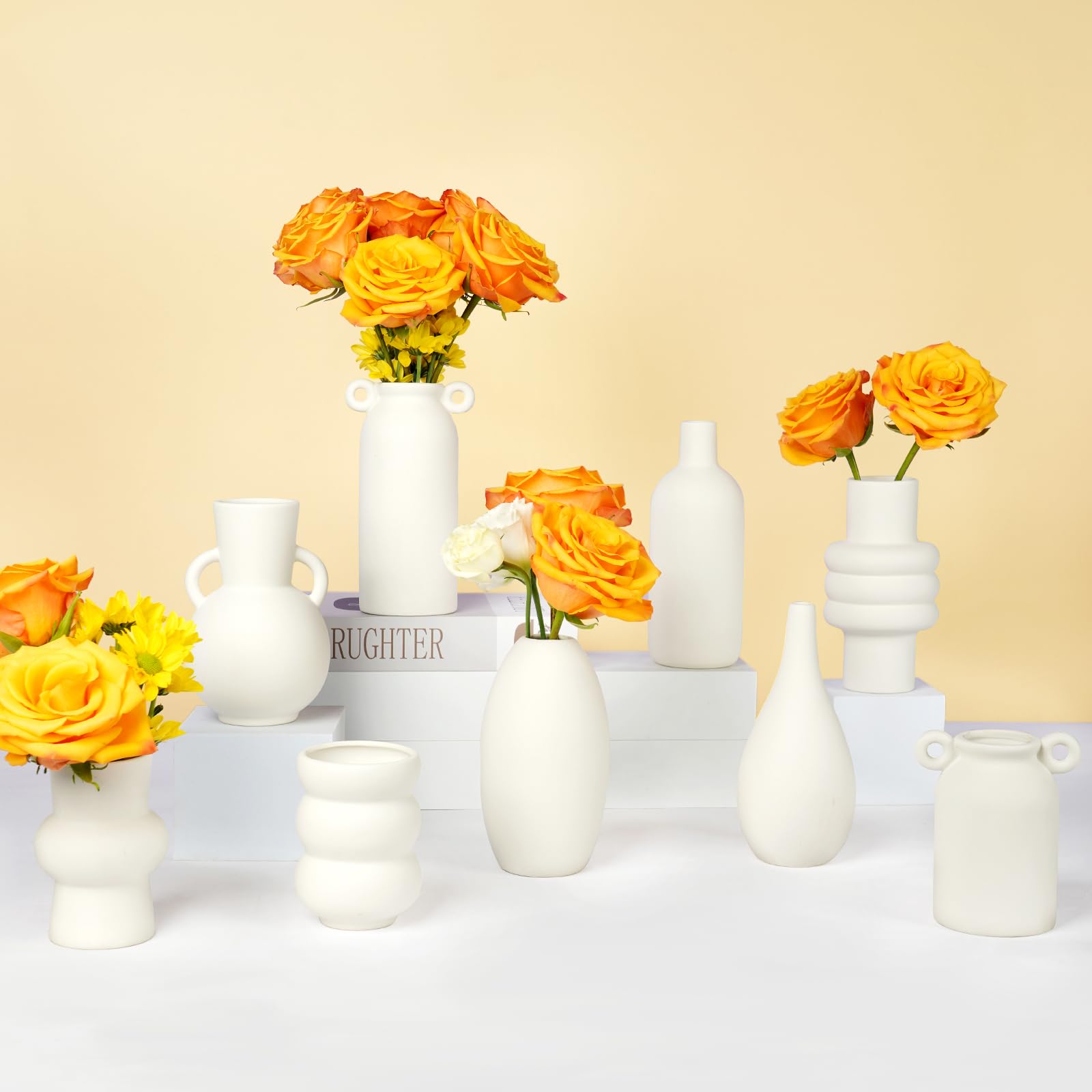 9-Piece Ceramic Vase Set - Modern White Flower Vases for Fresh & Dried Blooms, Unique Shape Home Decor, Wedding Centerpiece - Perfect for Table Decor, Living Room, Dining Room & Wedding Arrangements