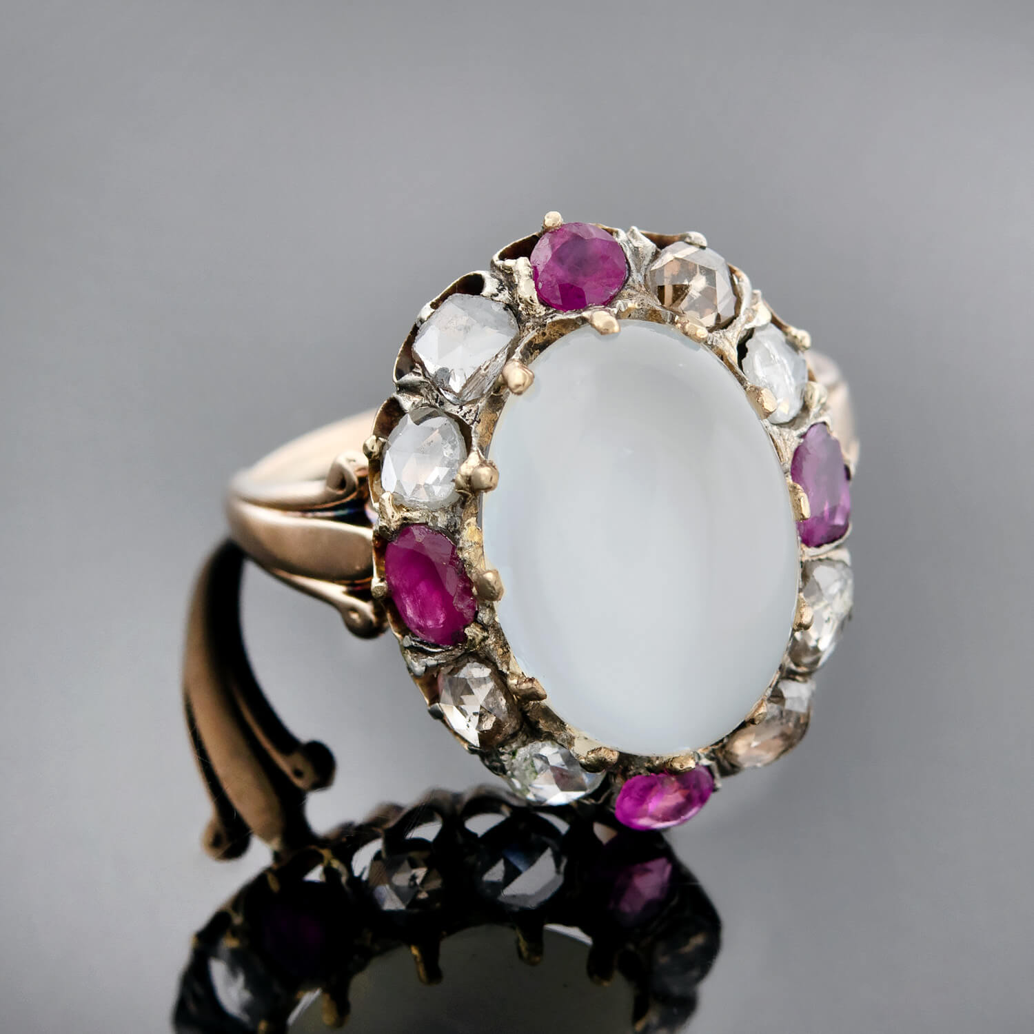 Victorian Style 18K Gold & Sterling Silver Moonstone, Ruby & Rose Cut Diamond Cluster Ring - Elegant Vintage Jewelry for Weddings, Anniversaries & Special Occasions