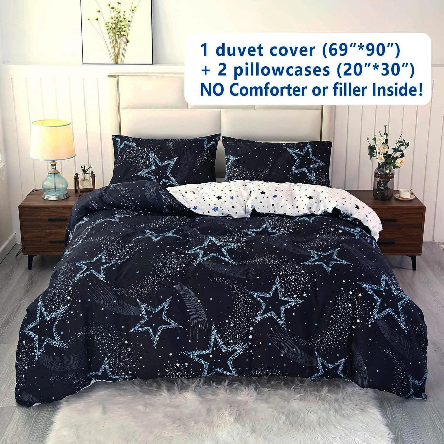 SDY 3PCS Star Duvet Cover Set Queen Size - Black Galaxy Space Themed Reversible Zipper Bedding for Kids, Teens & Adults - Perfect for Kids' Rooms, Dorm Decor & Space-Themed Bedrooms