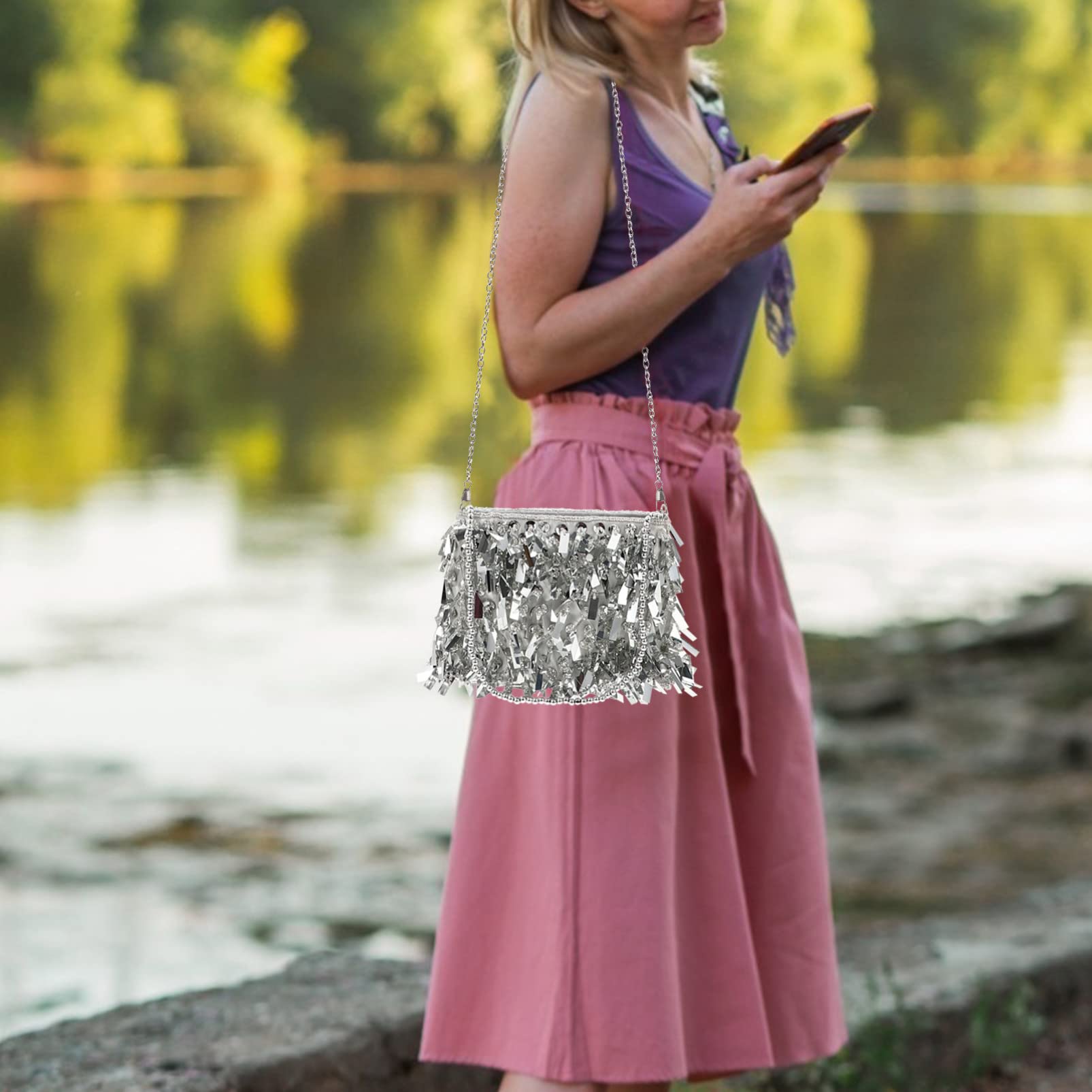 GALPADA Women's Crossbody Bag - Small Pink Messenger Bag with Chain Strap, Phone Organizer & Metal Wallet - Stylish Polyester Clutch Purse for Everyday Use, Travel & Outdoor Activities
