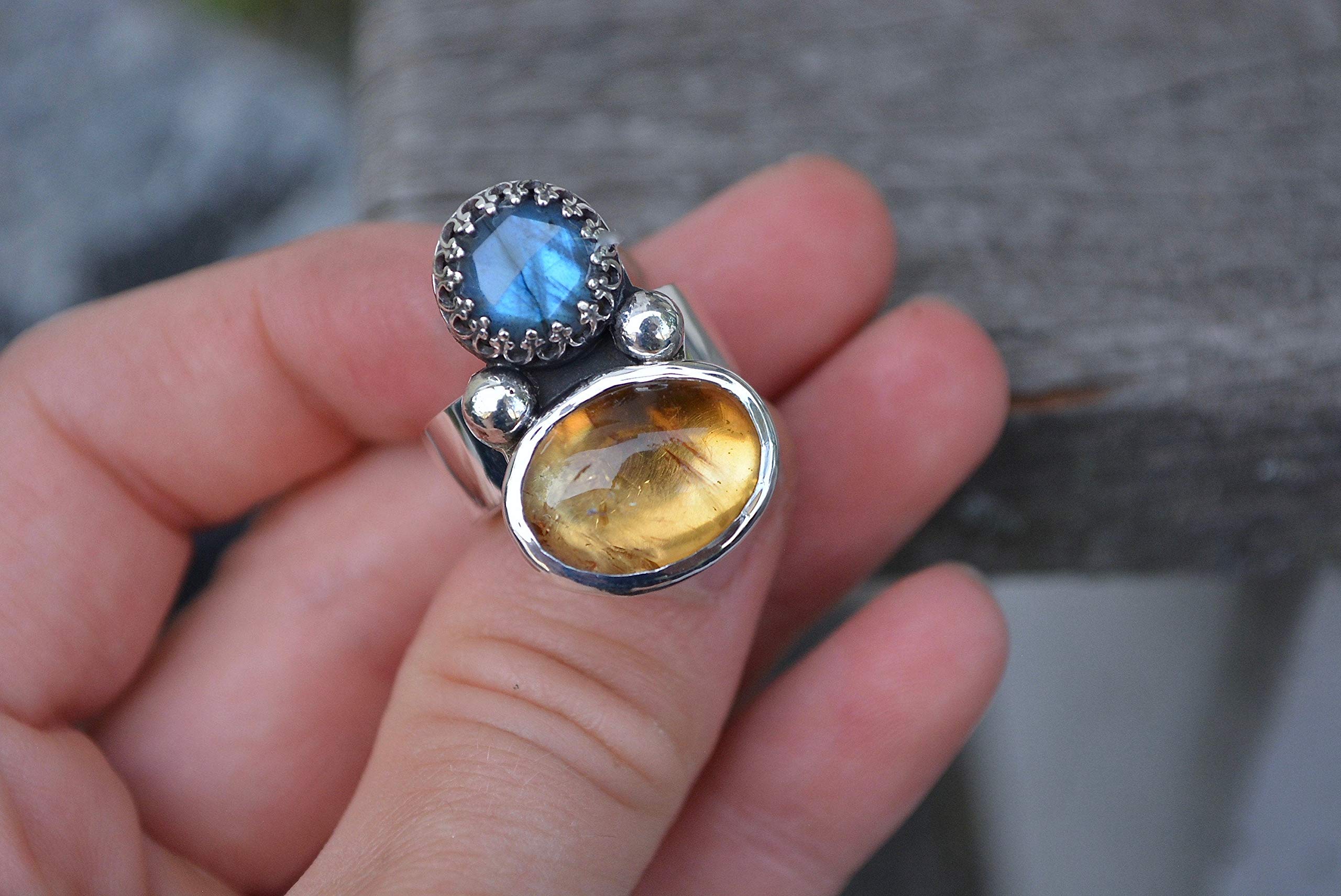 Labradorite & Citrine Gemstone Ring .925 Sterling Silver Size 6 - Elegant Bohemian Jewelry for Women, Perfect for Everyday Wear, Gift Giving & Special Occasions