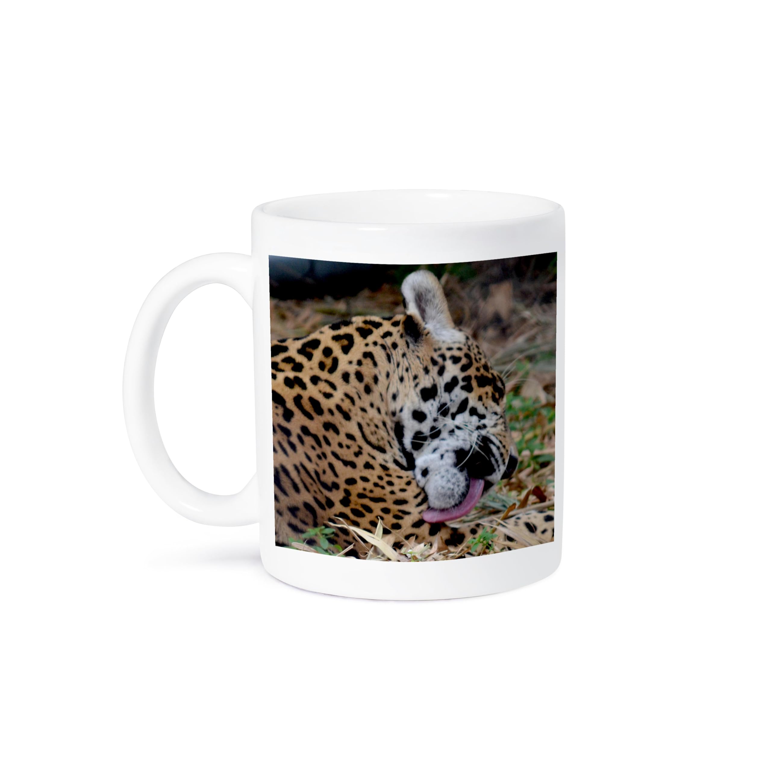 3D Rose White 11 oz Ceramic Mug with Jaguar Licking Leg Design - Perfect for Coffee, Tea, or Gift Giving at Home or Office