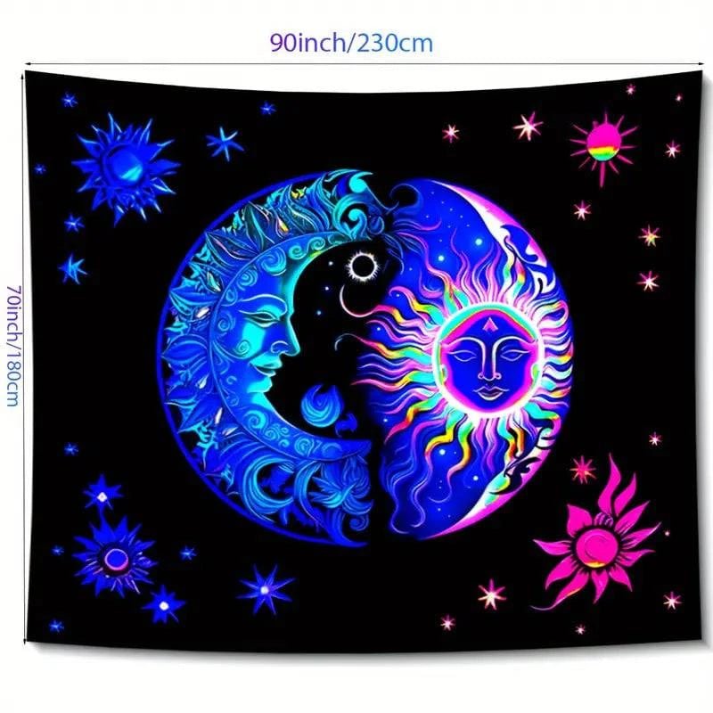 Sun Moon Official Glow in the Dark UV Tapestry Wall Art - Celestial Decor for Bedroom, Dorm Room & Meditation Space