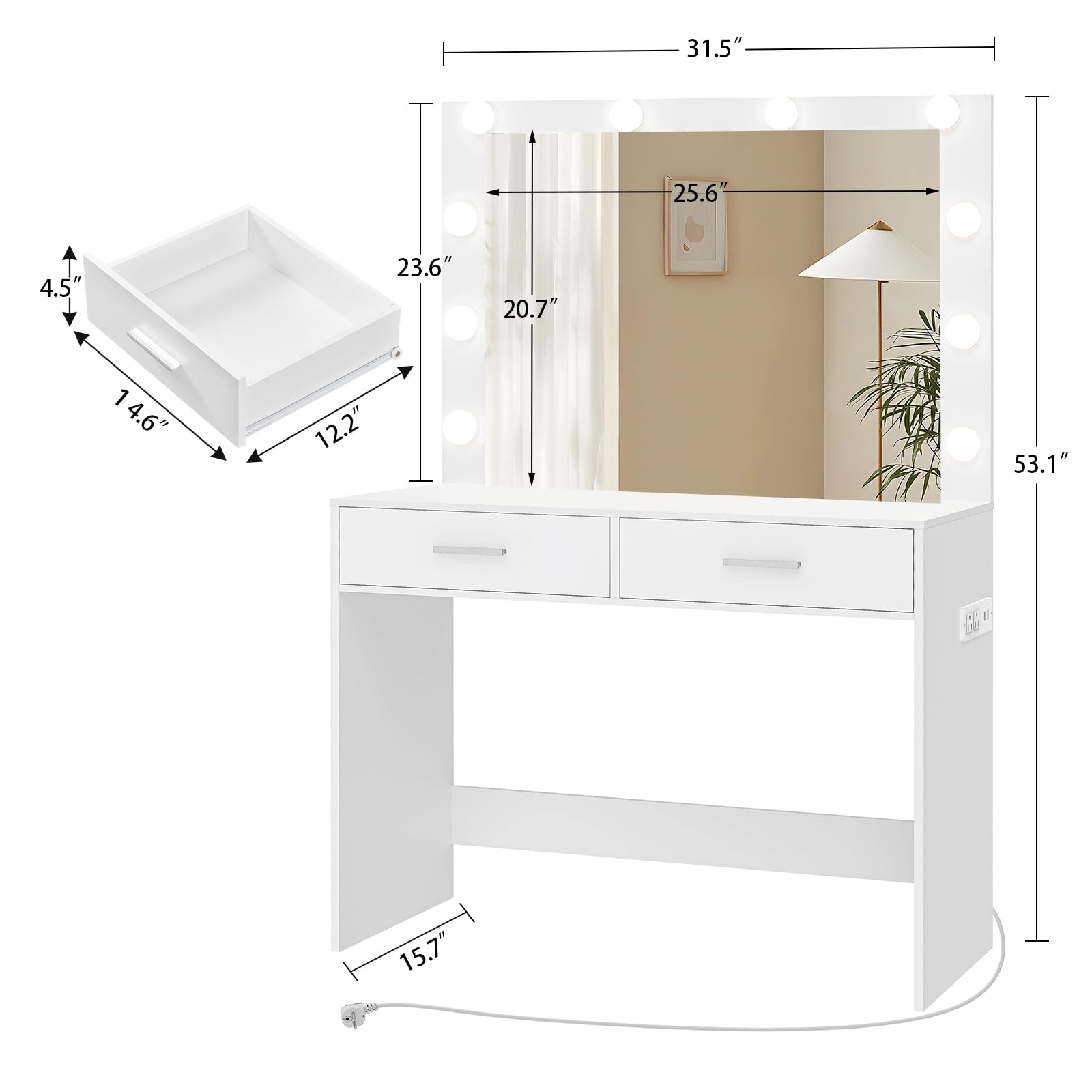 USIKEY White Makeup Vanity Desk with Large LED Lighted Mirror - 10 Lights, 2 Storage Drawers & Built-in Power Strip - Dressing Table for Women & Girls - Perfect for Bedroom, Home Decor & Beauty Routine
