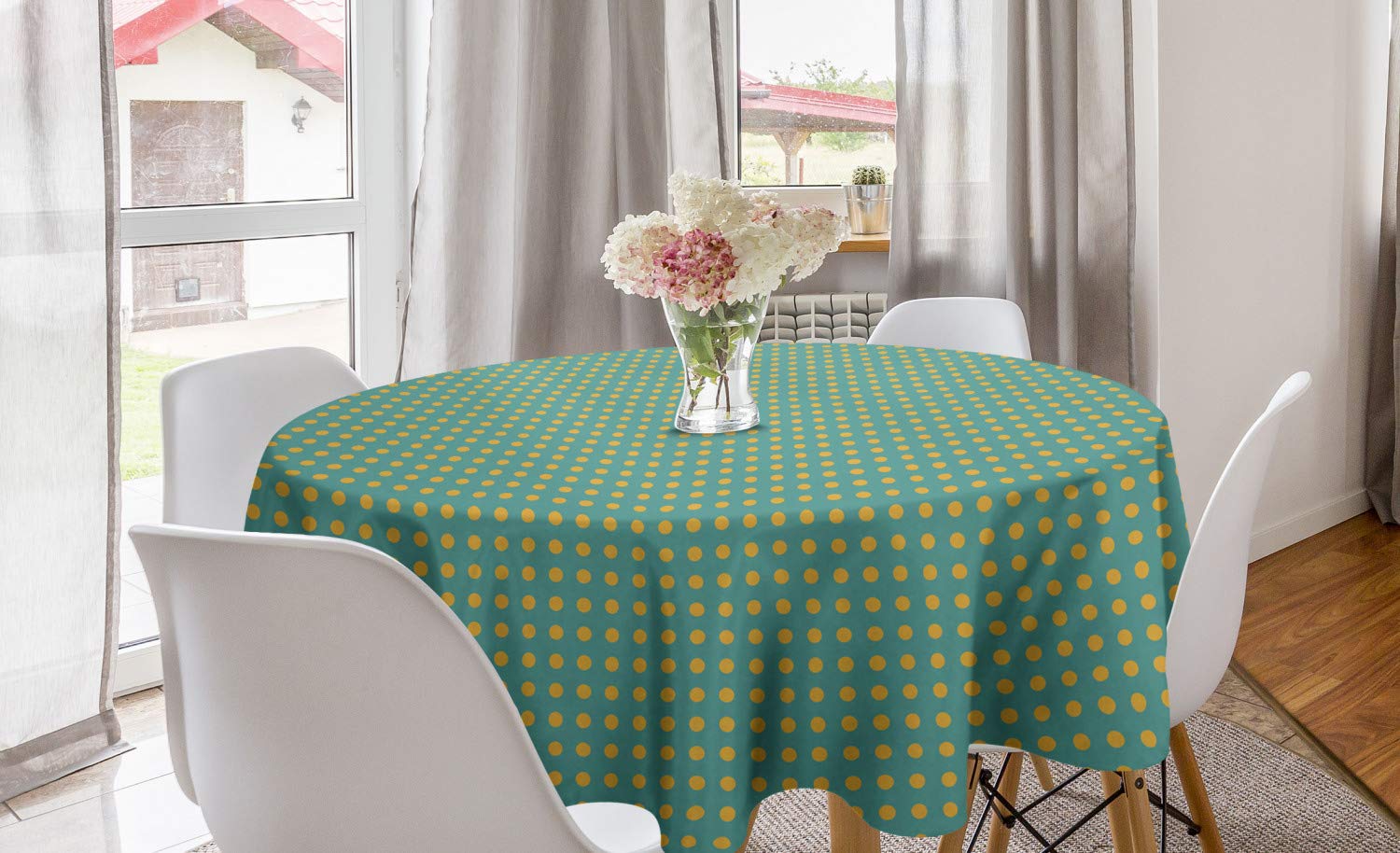 Ambesonne Vintage Polka Dots Geometric Circles Round Tablecloth - 60 Inch Classic Abstract Design for Dining Room & Kitchen Decor - Orange and Jade Green Table Cover for Parties, Holidays & Everyday Use