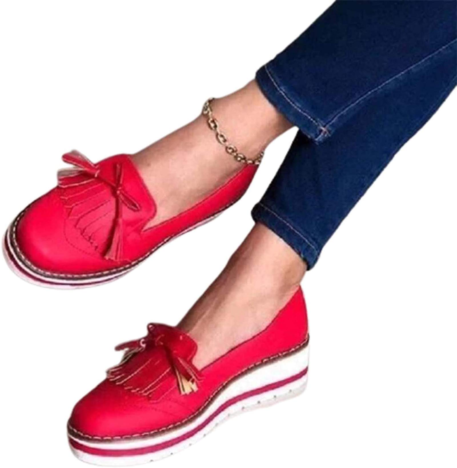 Women's Leather Wedge Platform Sandals with Tassel Detail - Closed Toe Retro Round Toe Comfortable Fashion Shoes for Women (Red, Size 41) - Perfect for Summer Outfits, Beach Vacations & Casual Wear