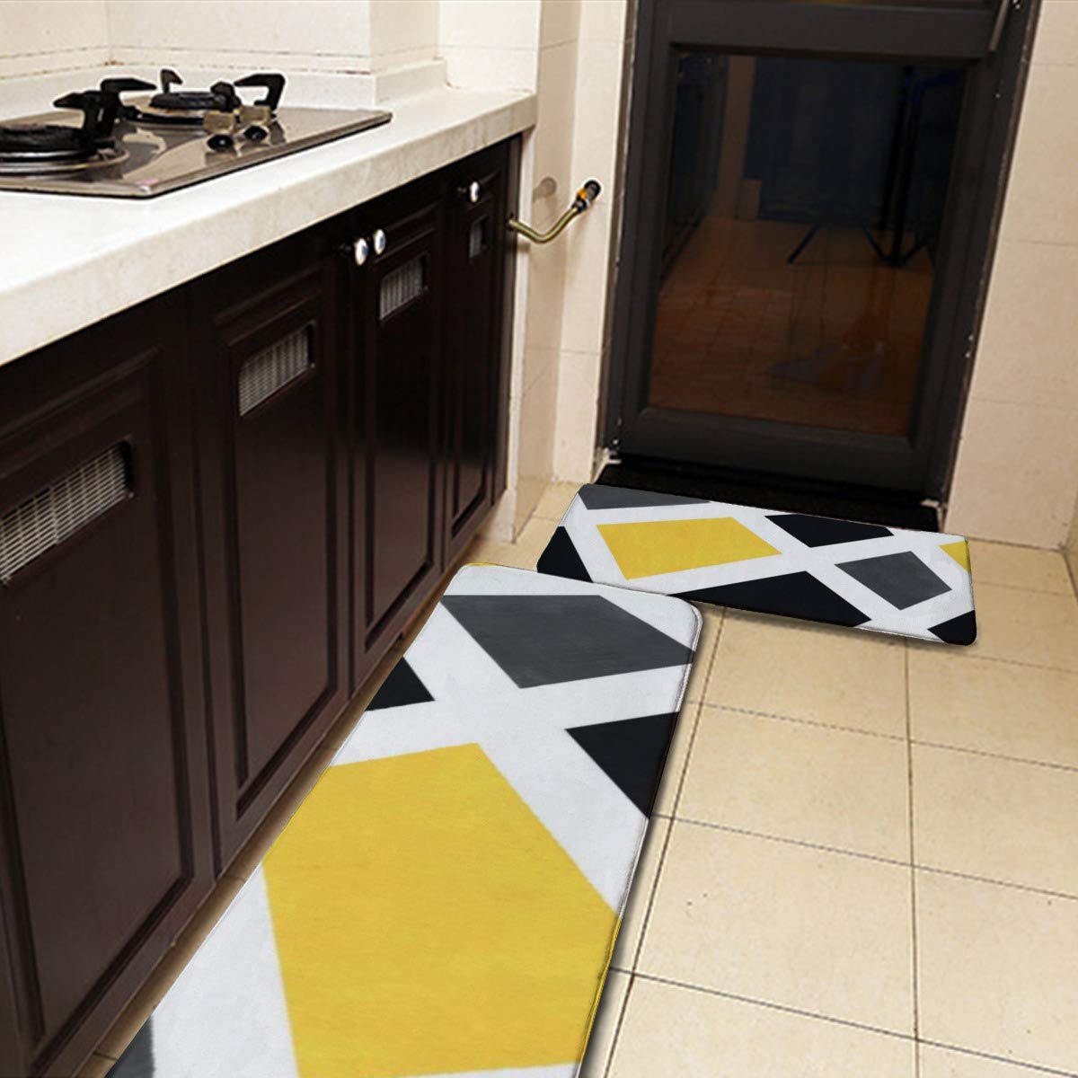 Dapuge 2-Piece Non-Slip Kitchen Rug Set - Geometric Yellow Gray Black White Flannel Mats, Washable Durable Floor Runners for Kitchen, Entryway, Bathroom & High-Traffic Areas