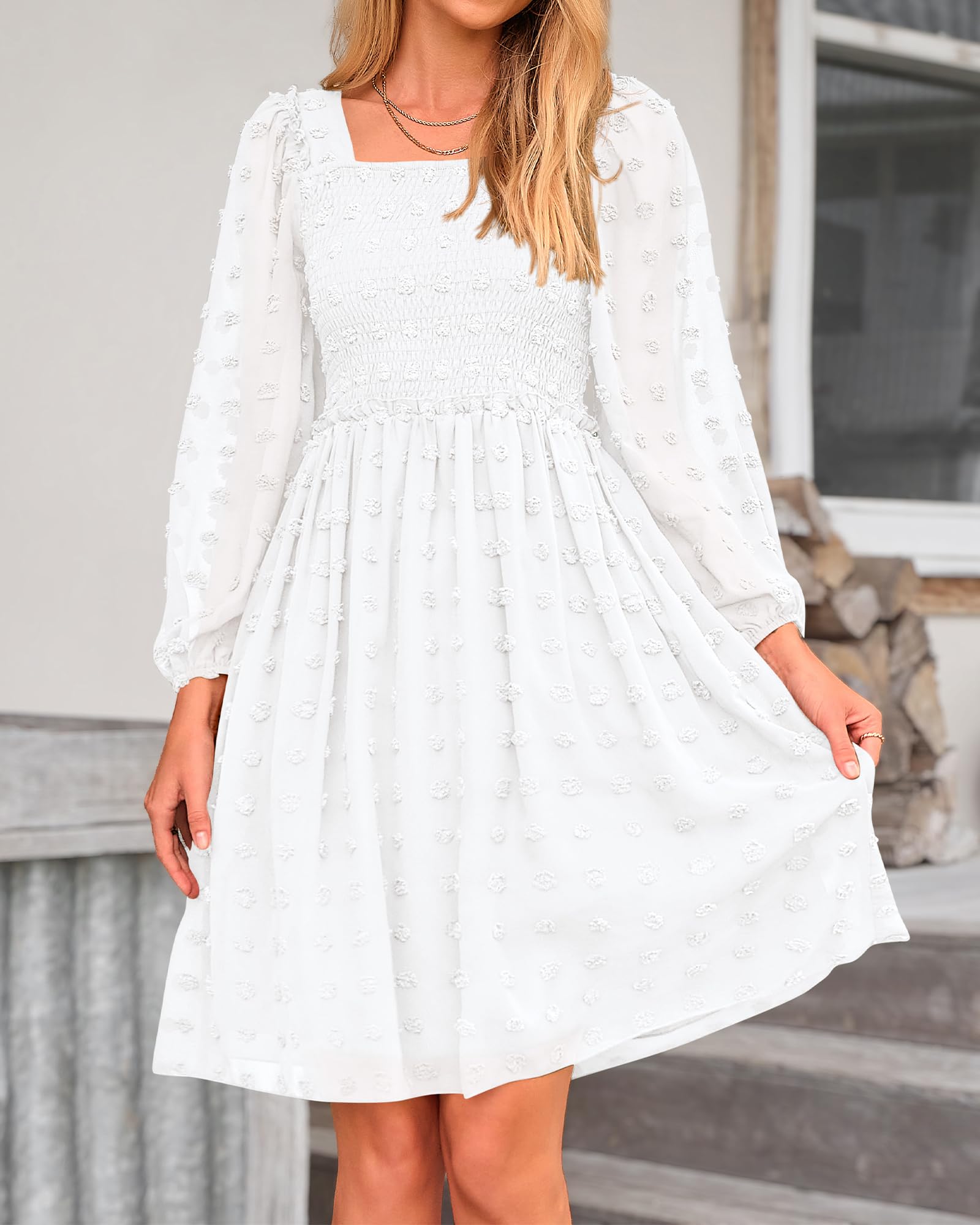 BTFBM Women's Floral Swiss Dot Boho Dress - Square Neck Smocked Long Sleeve Mini Dress for Spring & Summer 2025 | Perfect for Wedding Guest, Garden Party & Casual Outings