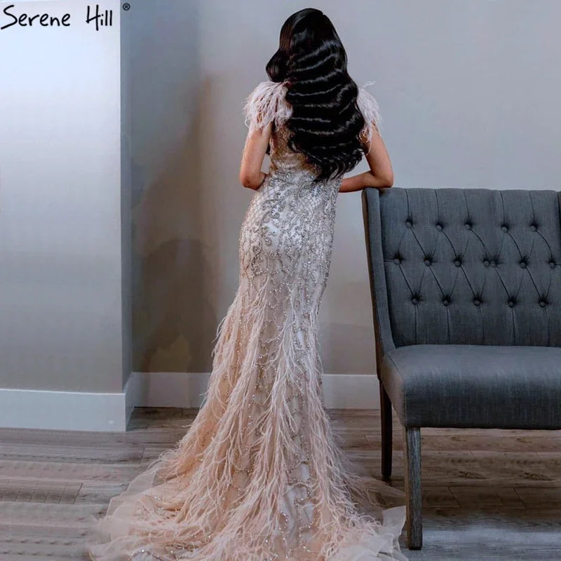 Elegant Champagne Mermaid Evening Dress with Diamond Feathers - Sleeveless Formal Beaded Gown for Women | Perfect for Prom, Wedding Guest & Black Tie Events - LA70350