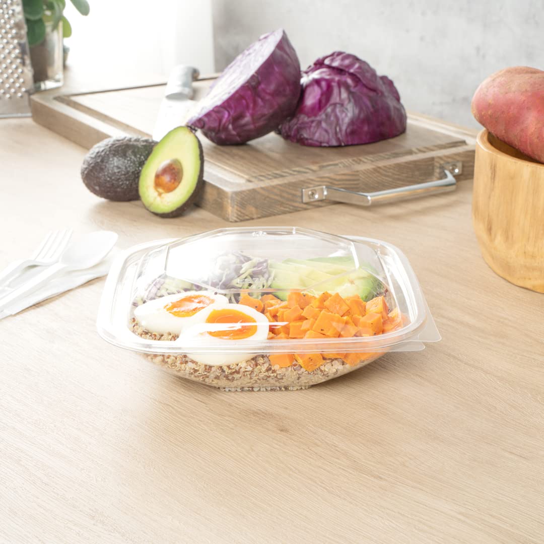 Restaurantware Thermo Tek 25.4oz Clear Plastic Salad Bowls with Lids - 100-Pack Freezable, Anti-Fog Disposable Food Containers for Takeout, Meal Prep & Catering | Perfect for Salads, Soups, Noodles & Party Serving