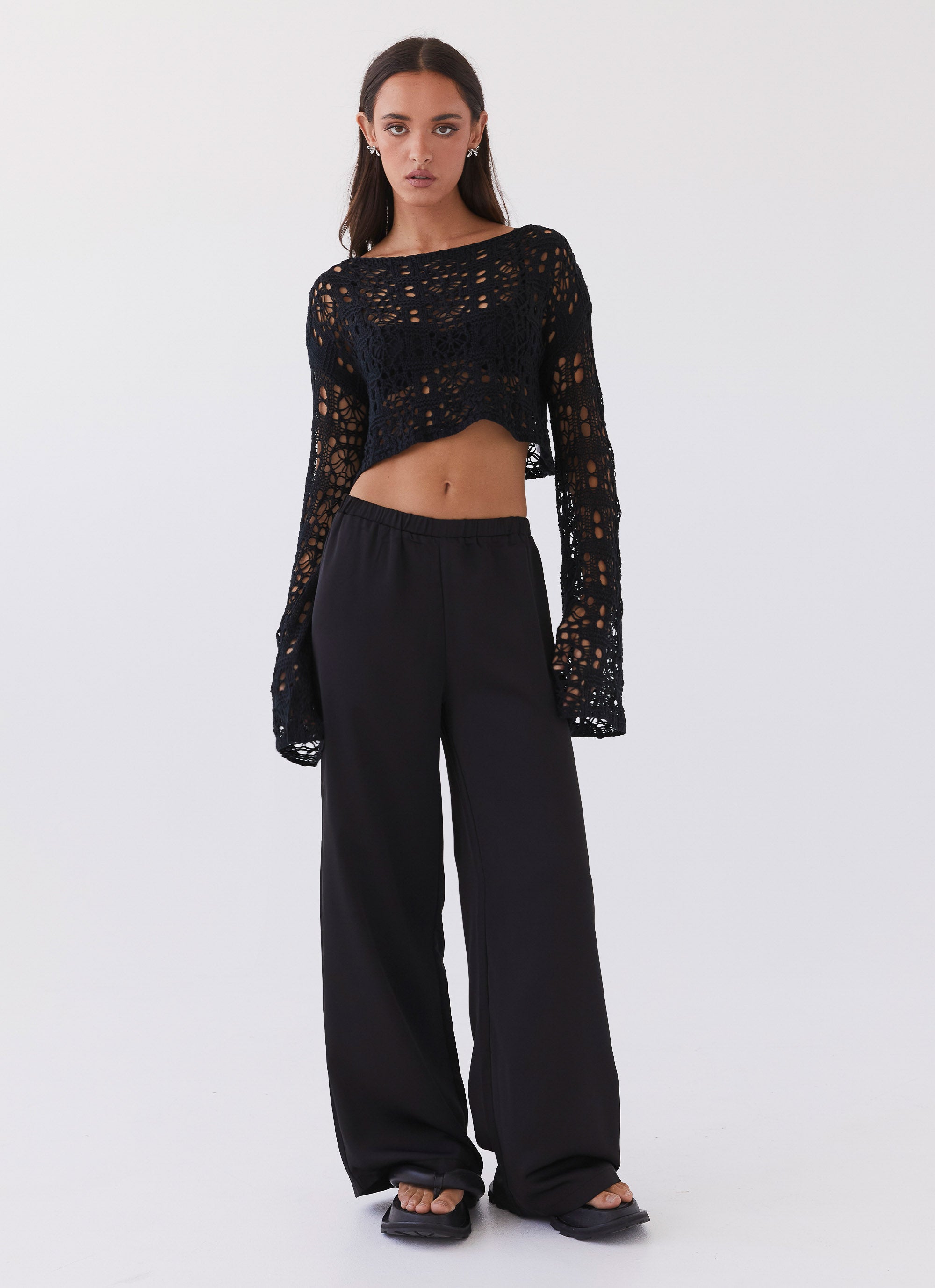 Free Mind Crochet Long Sleeve Top for Women - Elegant Black Boho Lace Knit Shirt - Perfect for Beach, Festival & Casual Outfits