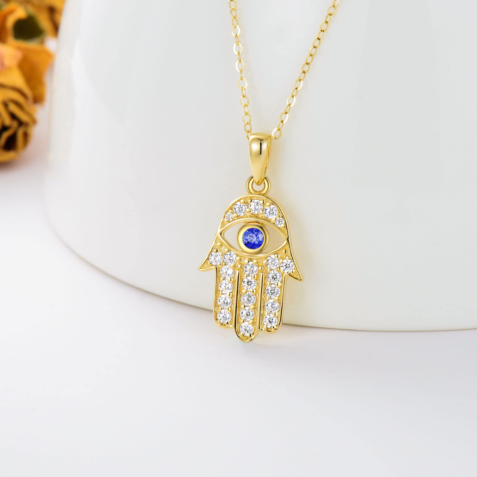 14K Solid Gold Evil Eye Necklace with Hamsa Hand Pendant - Real Gold Protection Jewelry for Women, Anniversary & Birthday Gift for Wife, Mom, Girlfriend - 16