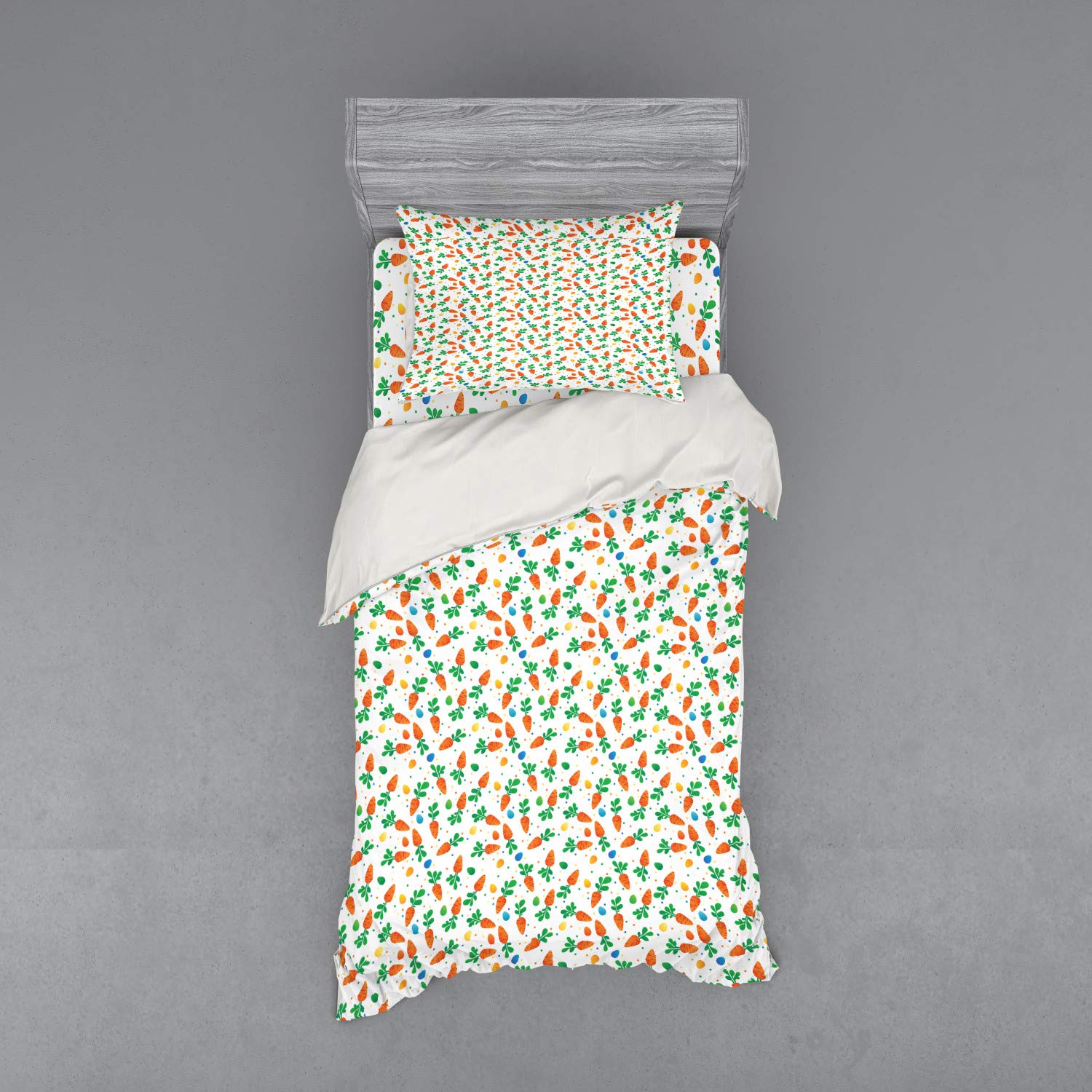 Ambesonne Easter Bedding Set - 3 Piece Duvet Cover with Sham & Fitted Sheet, Twin Size, Minimal Orange Carrots & Colorful Eggs Polka Dot Design - Spring Seasonal Decor for Kids Room, Guest Bedroom & Holiday Home Staging