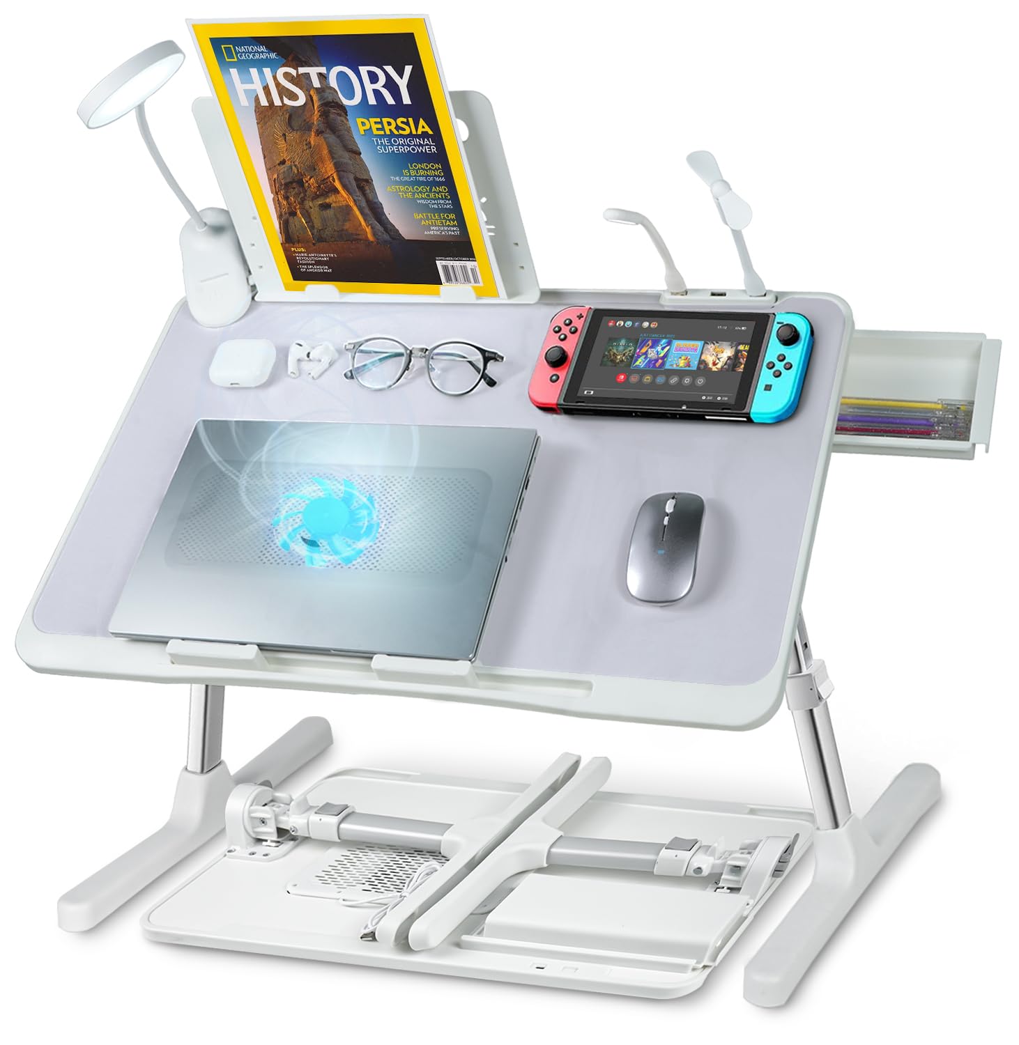 Portable Laptop Lap Desk with Cooling Fan & LED Light - Adjustable Folding Bed Desk with Storage Drawer, 23.6x15.7 Inches Grey - Perfect for Working, Studying or Watching Movies in Bed, Sofa or Travel