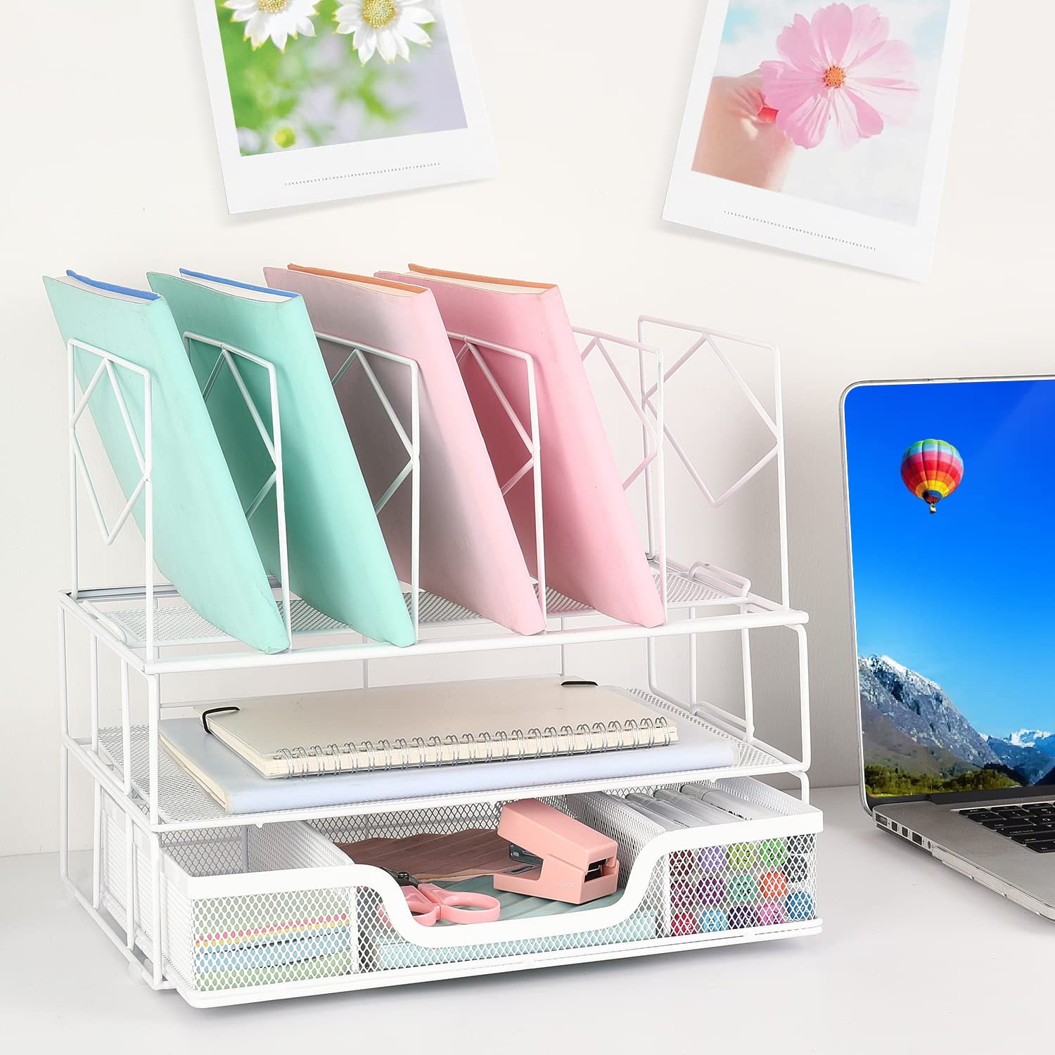 Gianotter White Desk Organizer with Sliding Drawer & Double Tray - 5-Section File Sorter for Office Supplies | Perfect for Home Office, School & Workspace Organization