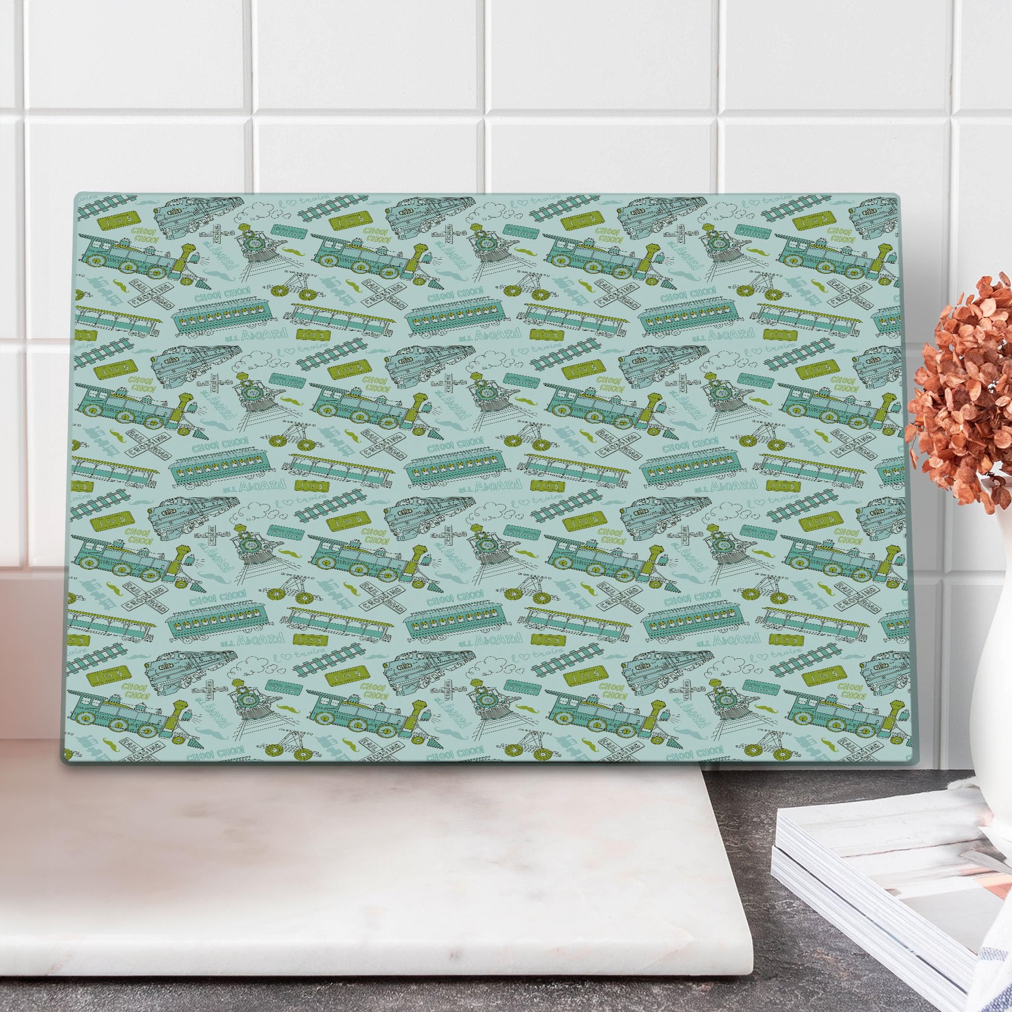 Ambesonne Vintage Train Themed Tempered Glass Cutting Board - Large Choo Choo Steam Engine Design with Number Signs, Apple Green Turquoise - Perfect for Kitchen Prep & Serving Cheese, Charcuterie